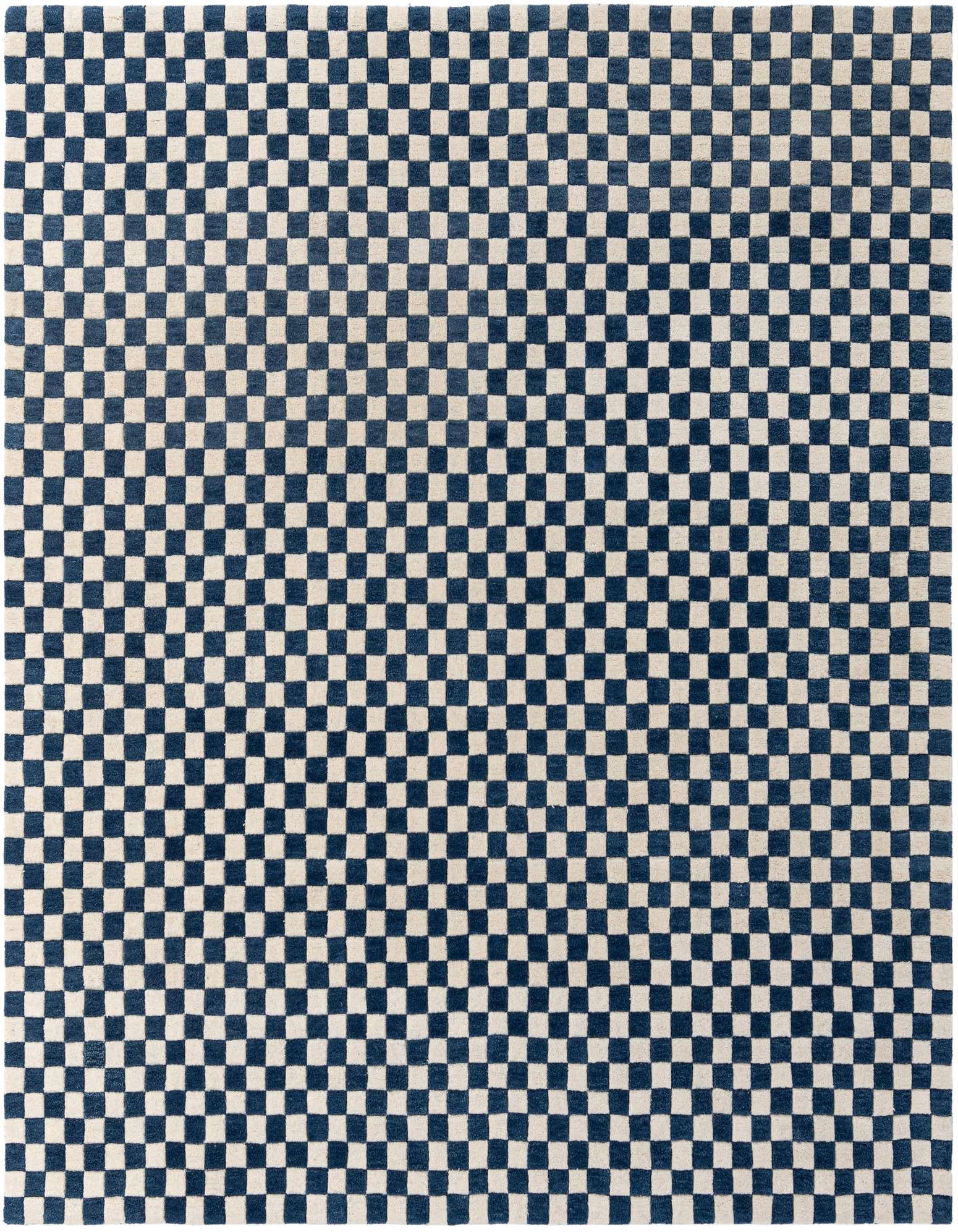 A square 7' 10 x 7' 10 modern area rug featuring a repeating checkerboard pattern in blue and white.