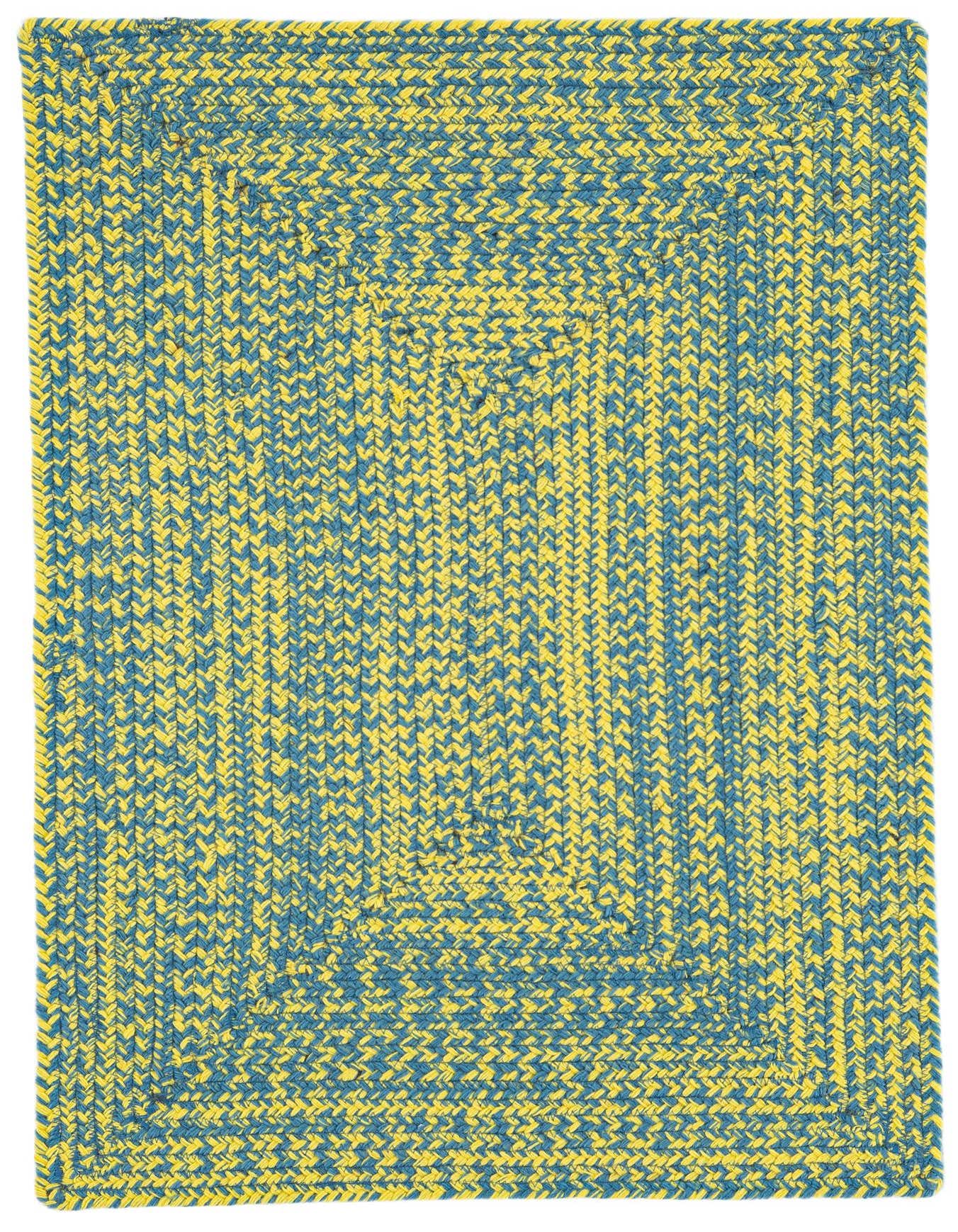 A 2x3 rectangular Chindi Cotton rug in a vibrant blue and yellow braided pattern, suitable for a kitchen or entryway.