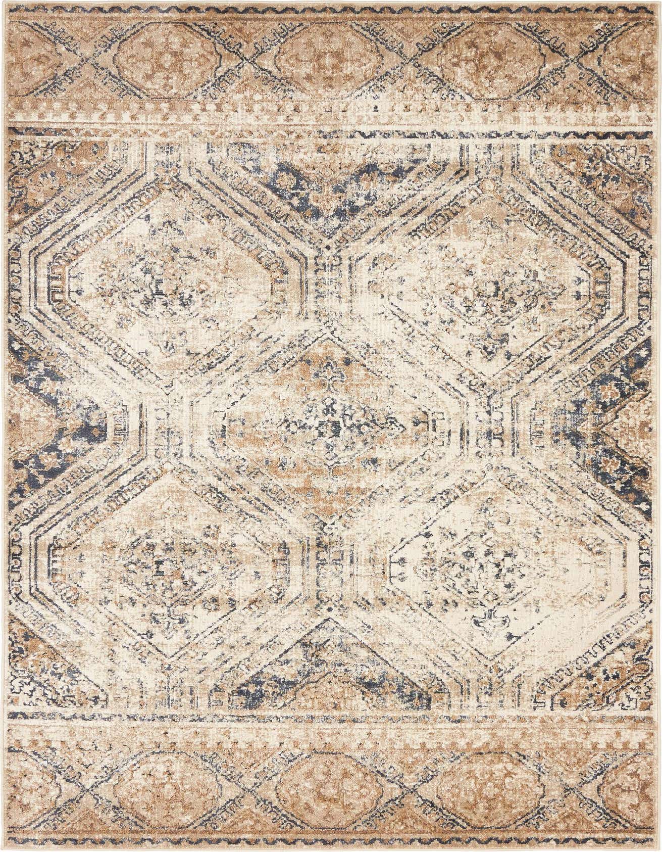 A 4x6 rectangular Eliza collection rug featuring a distressed traditional trellis pattern in blues and browns/tans.