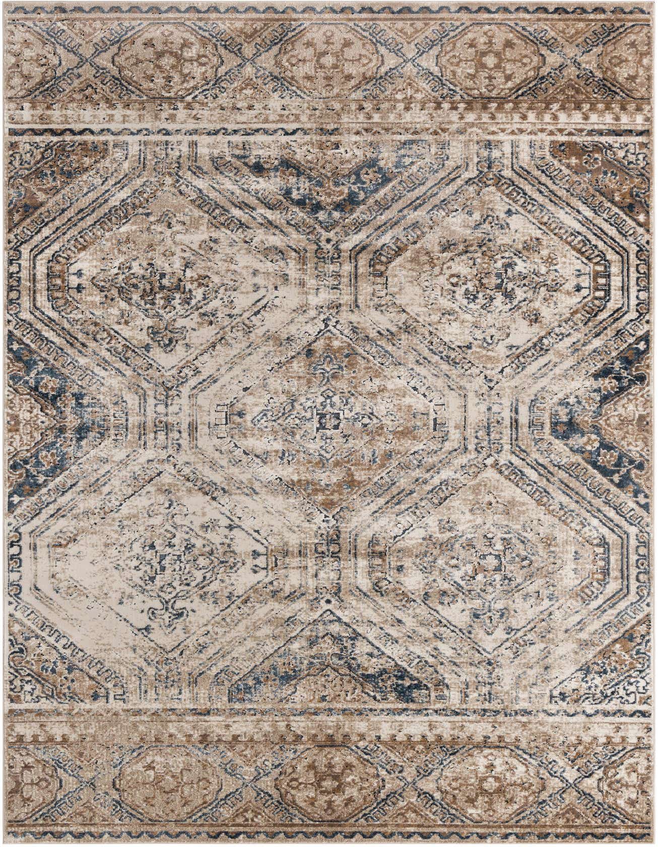 A 6x9 rectangular Eliza collection rug featuring a distressed traditional trellis pattern in blues, browns, and tans.