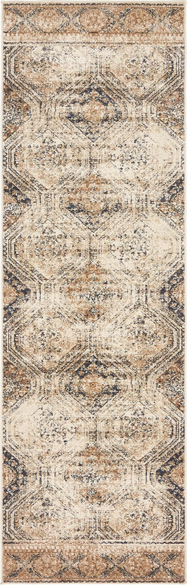 A 7 ft runner rug in blues, browns, and tans, featuring a distressed traditional trellis pattern, ideal for a hallway.