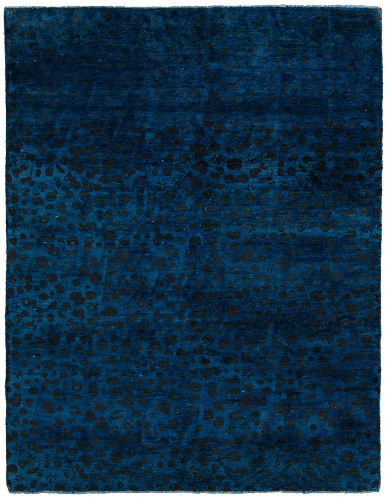 A 6x9 rectangular Darya rug featuring a modern abstract pattern of dark black spots on a rich blue wool background.