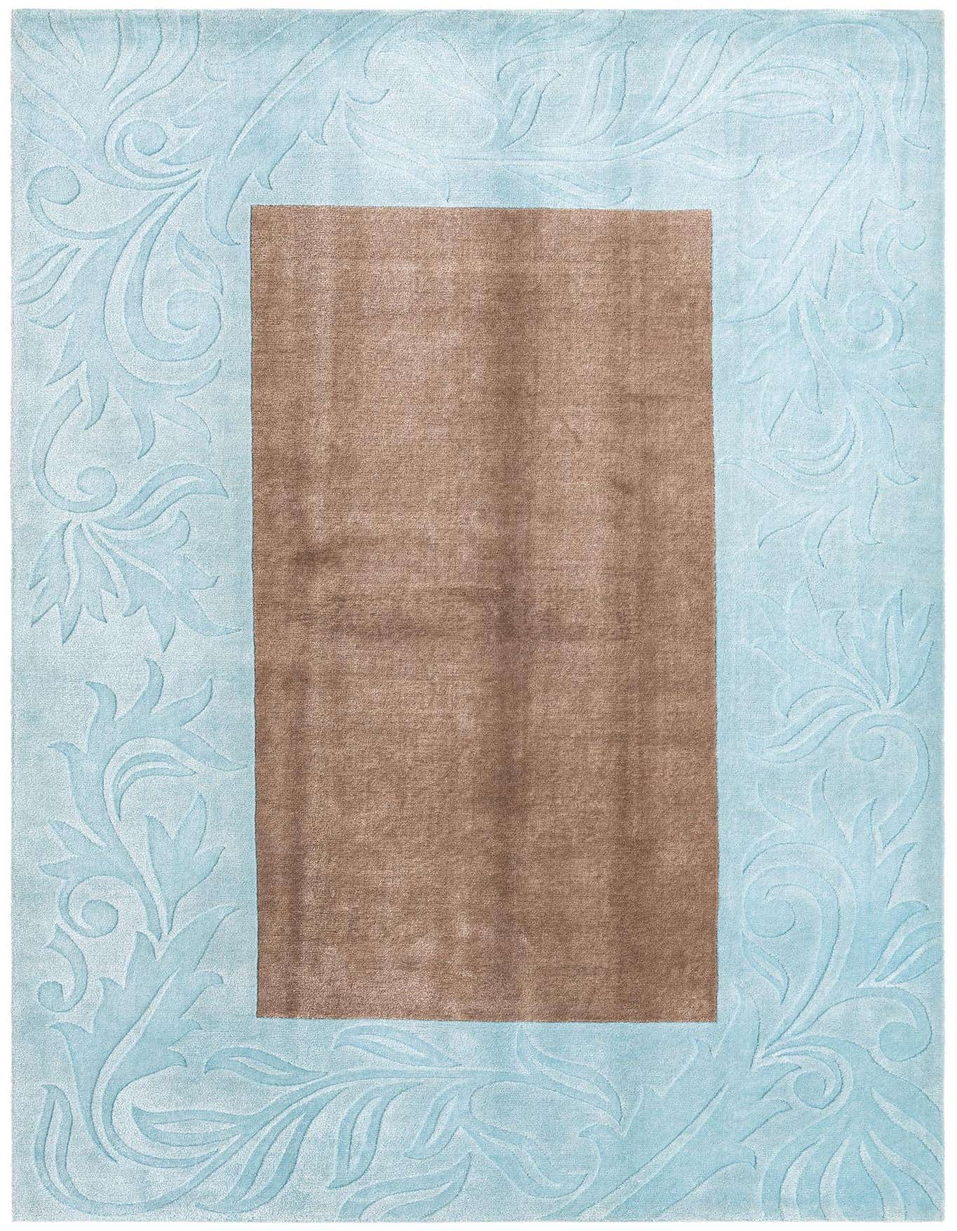 A 7x10 rectangular Darya rug with a light blue border featuring raised floral patterns and a smooth brown center.