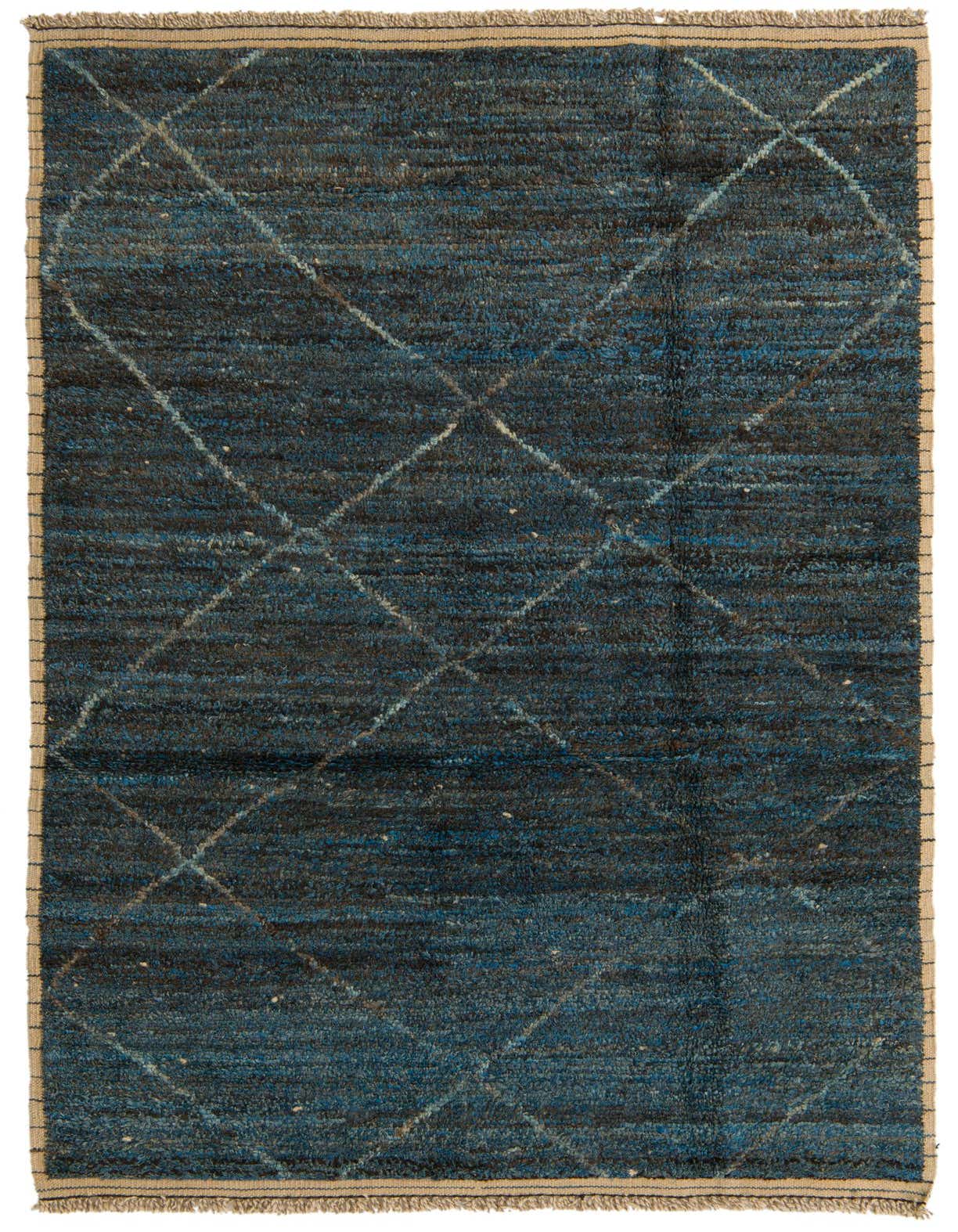 A 5x8 rectangular blue and brown Moroccan shag rug with a subtle tribal diamond pattern and fringed edges.