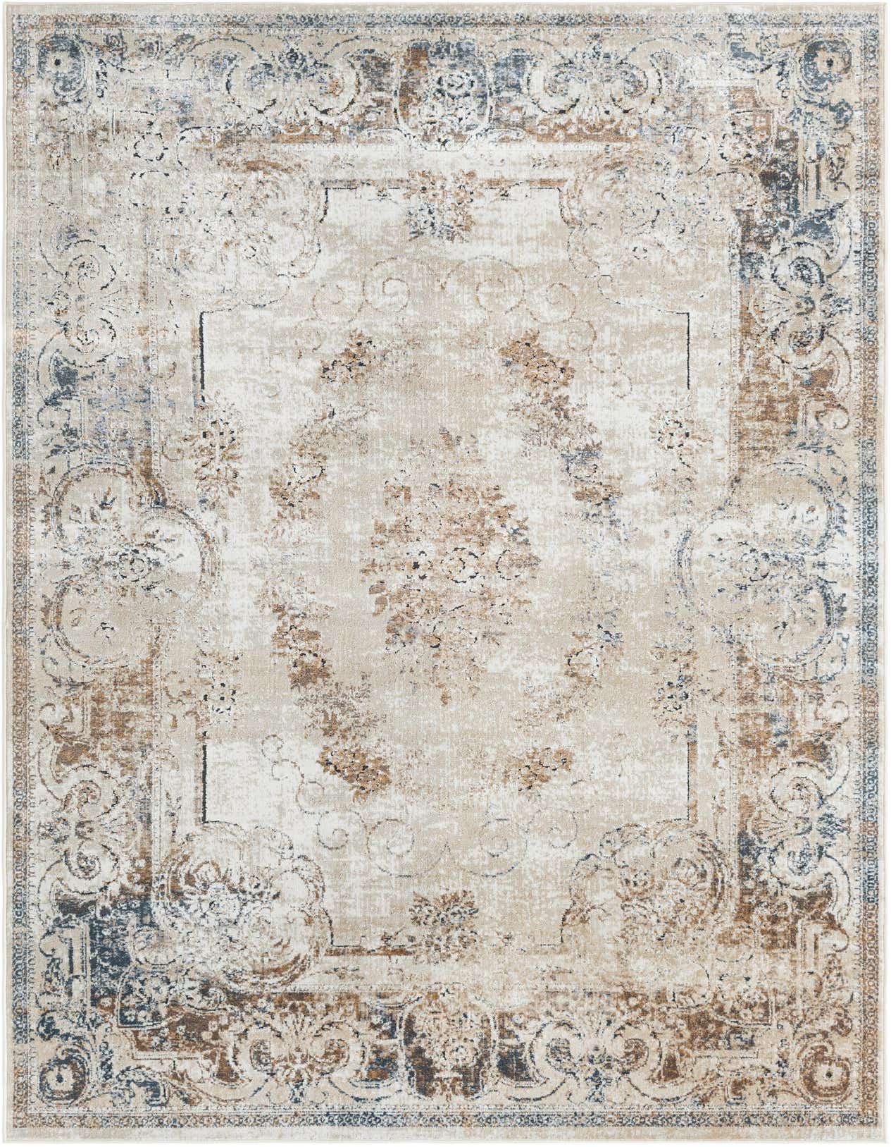A 5x8 rectangular Eliza rug in blue and cream, featuring a distressed traditional botanical pattern.