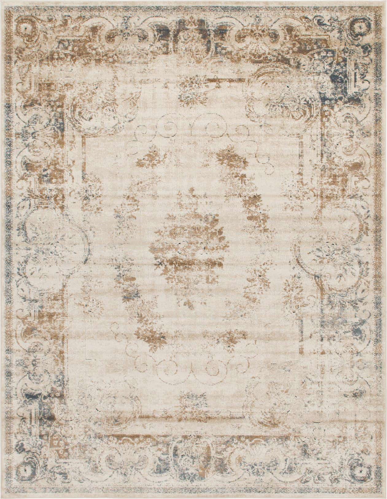 A 6x9 rectangular Eliza Collection rug featuring a distressed traditional botanical pattern in blue and cream.