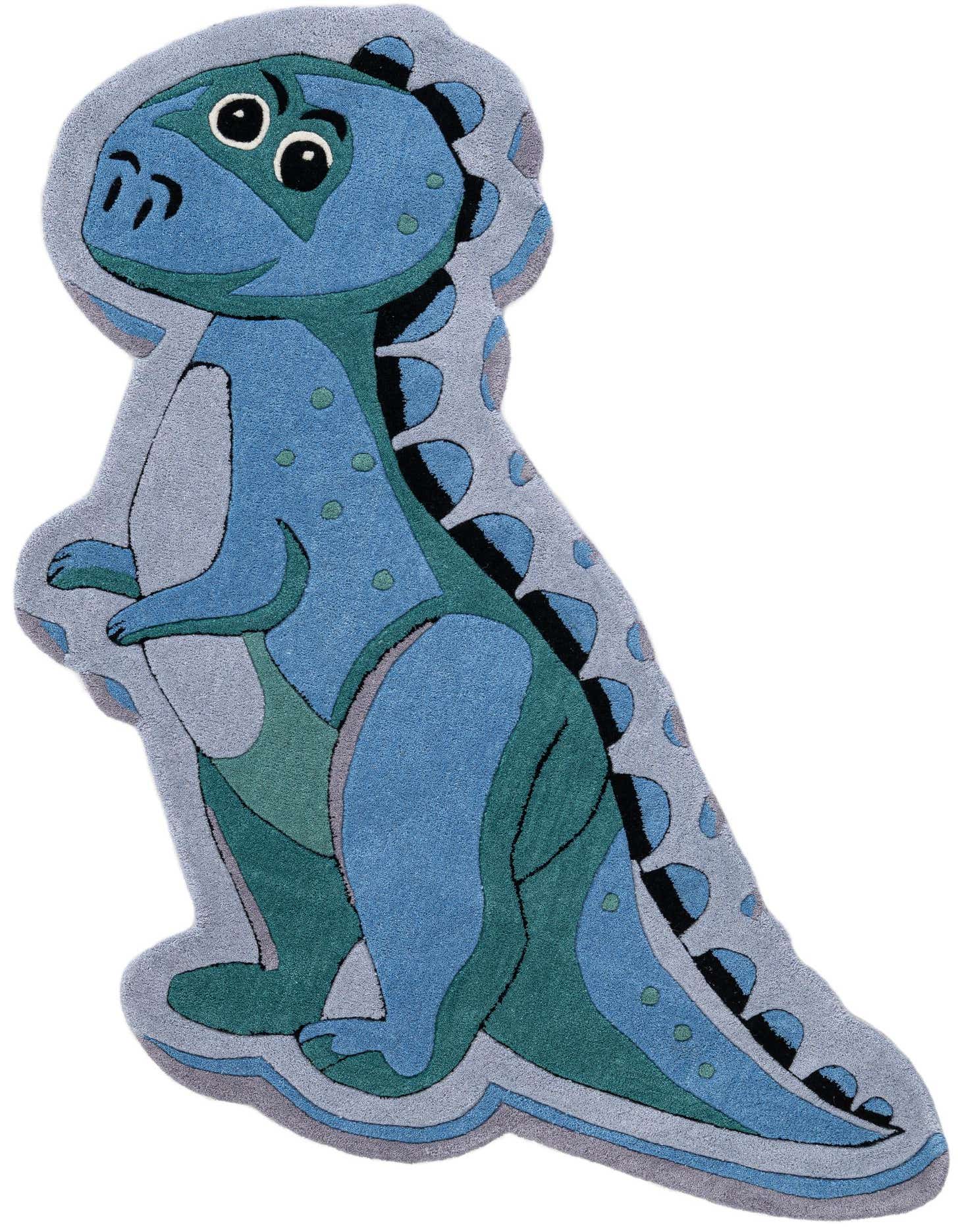 A blue and green dinosaur-shaped rug with a high, textured pile, perfect for a child's room.