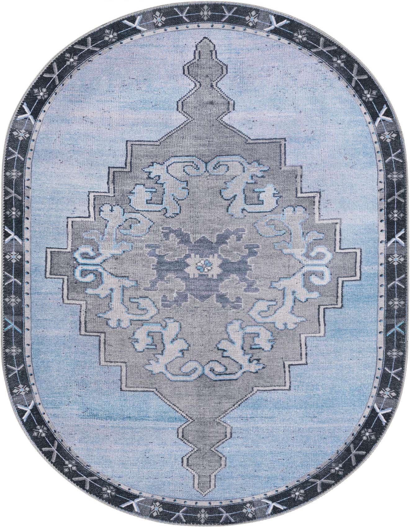 An oval 2' x 3' blue and gray Oriental rug with a vintage medallion pattern and decorative border.