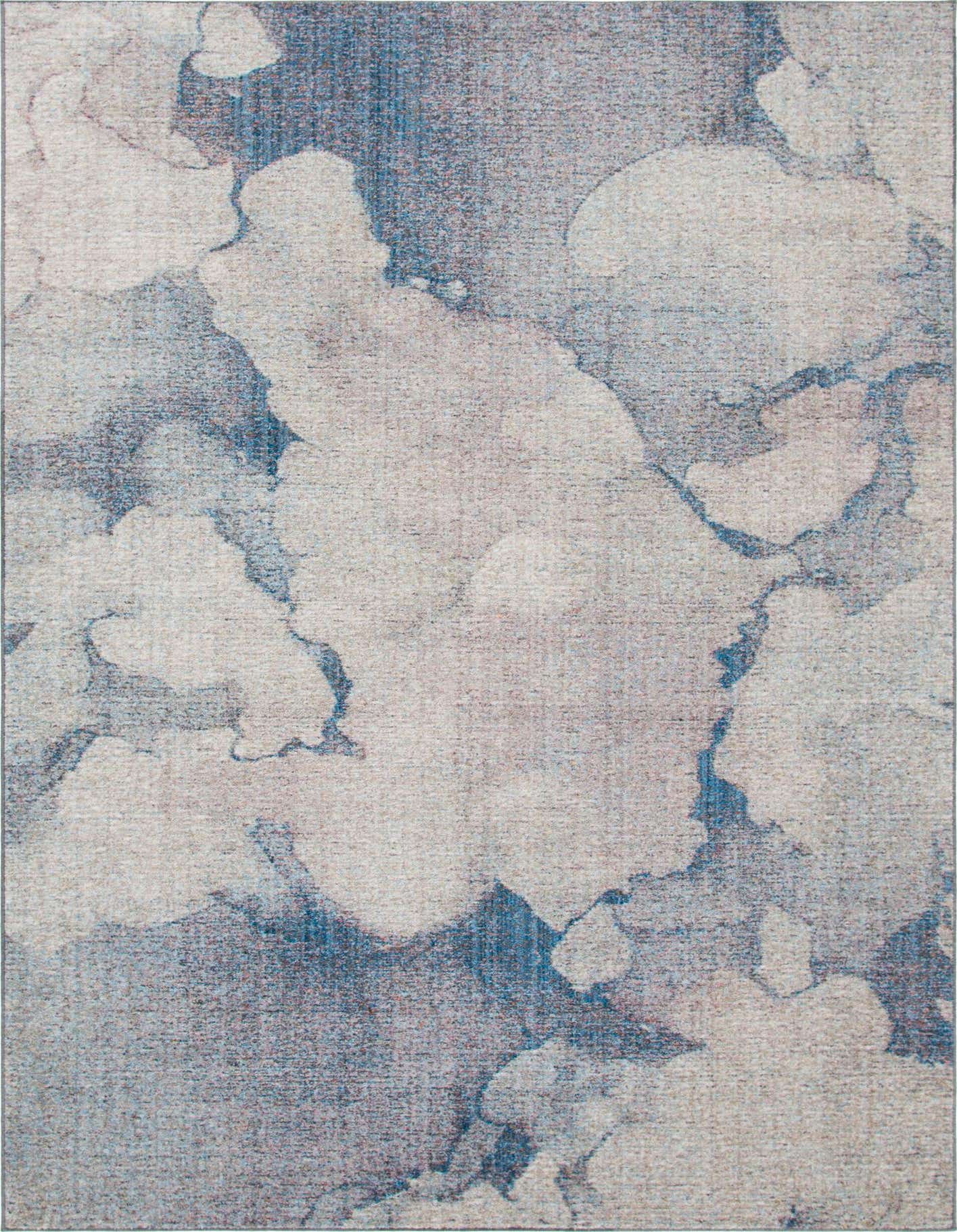 A 7x10 rectangular indoor rug featuring an abstract, cloud-like pattern in various shades of blue and gray, ideal for a modern living space.