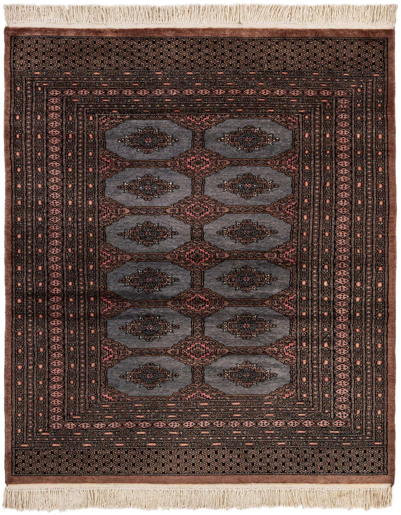 A 4x6 rectangular Bokhara wool rug featuring a traditional tribal pattern in shades of blue, gray, and brown, with intricate medallions and a fringed edge.