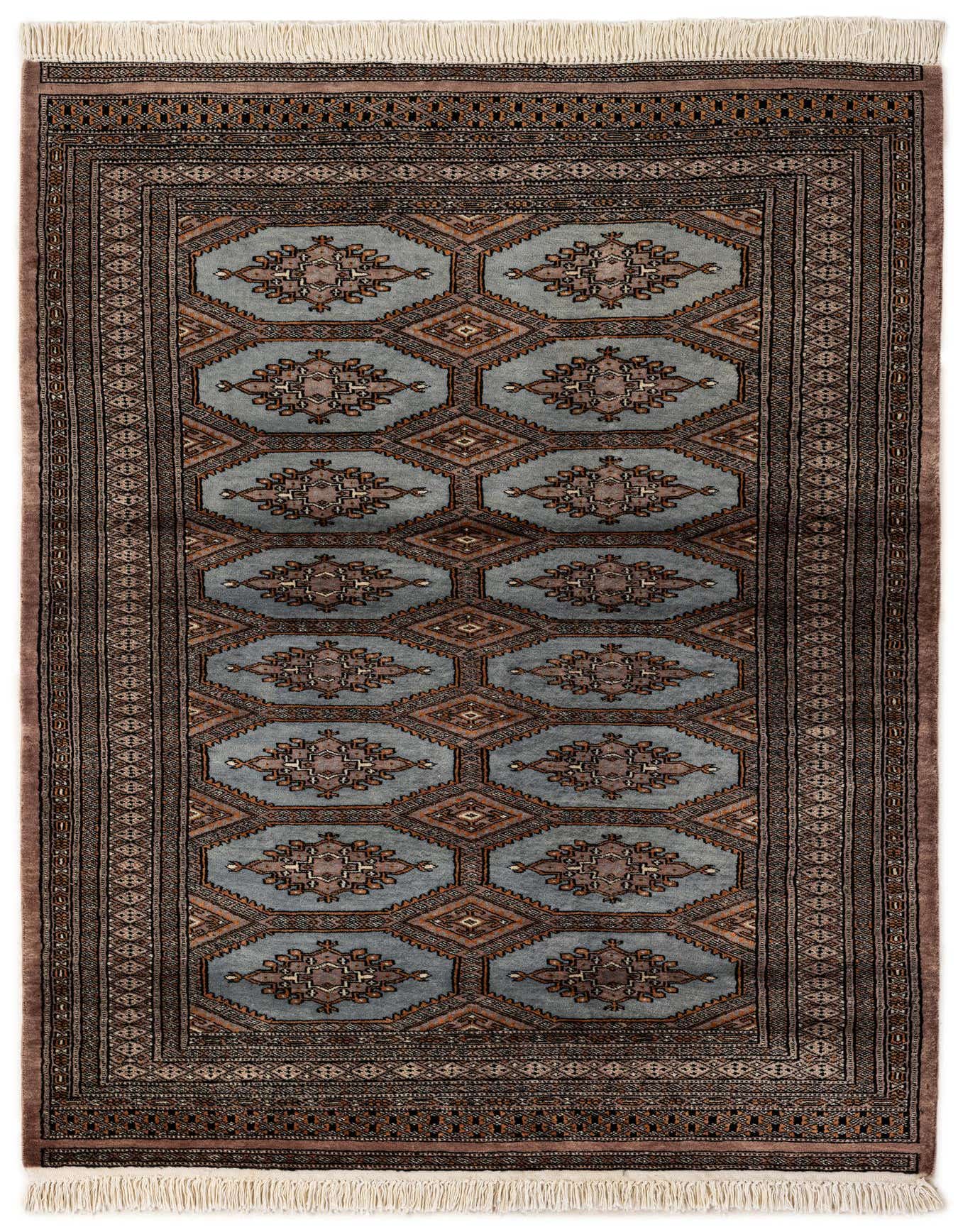 A 4x6 rectangular Bokhara wool rug featuring a traditional tribal pattern in blues, grays, and browns, with fringed ends.