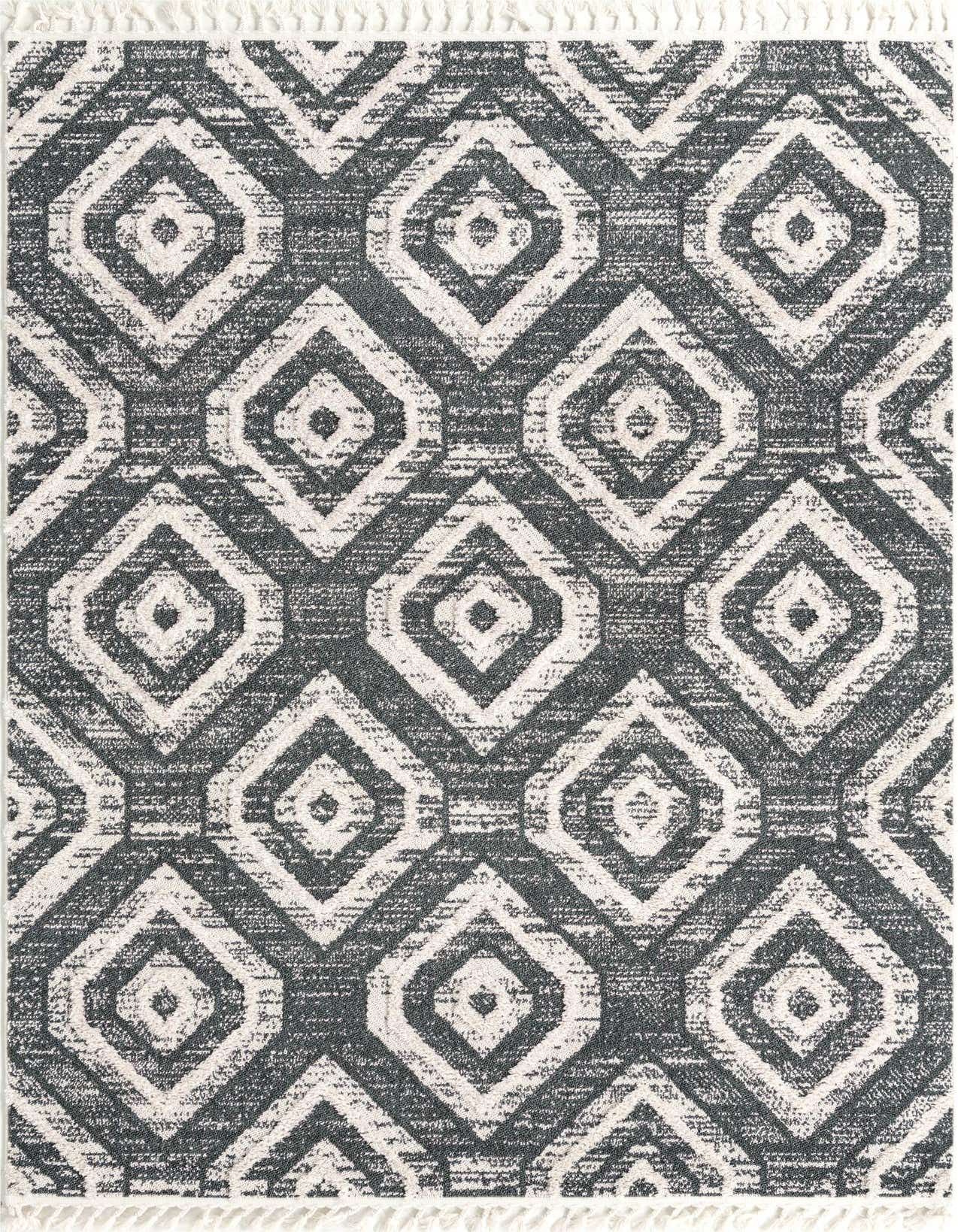 A 6x9 rectangular blue and gray tribal trellis area rug with a textured pile, suitable for a living room.