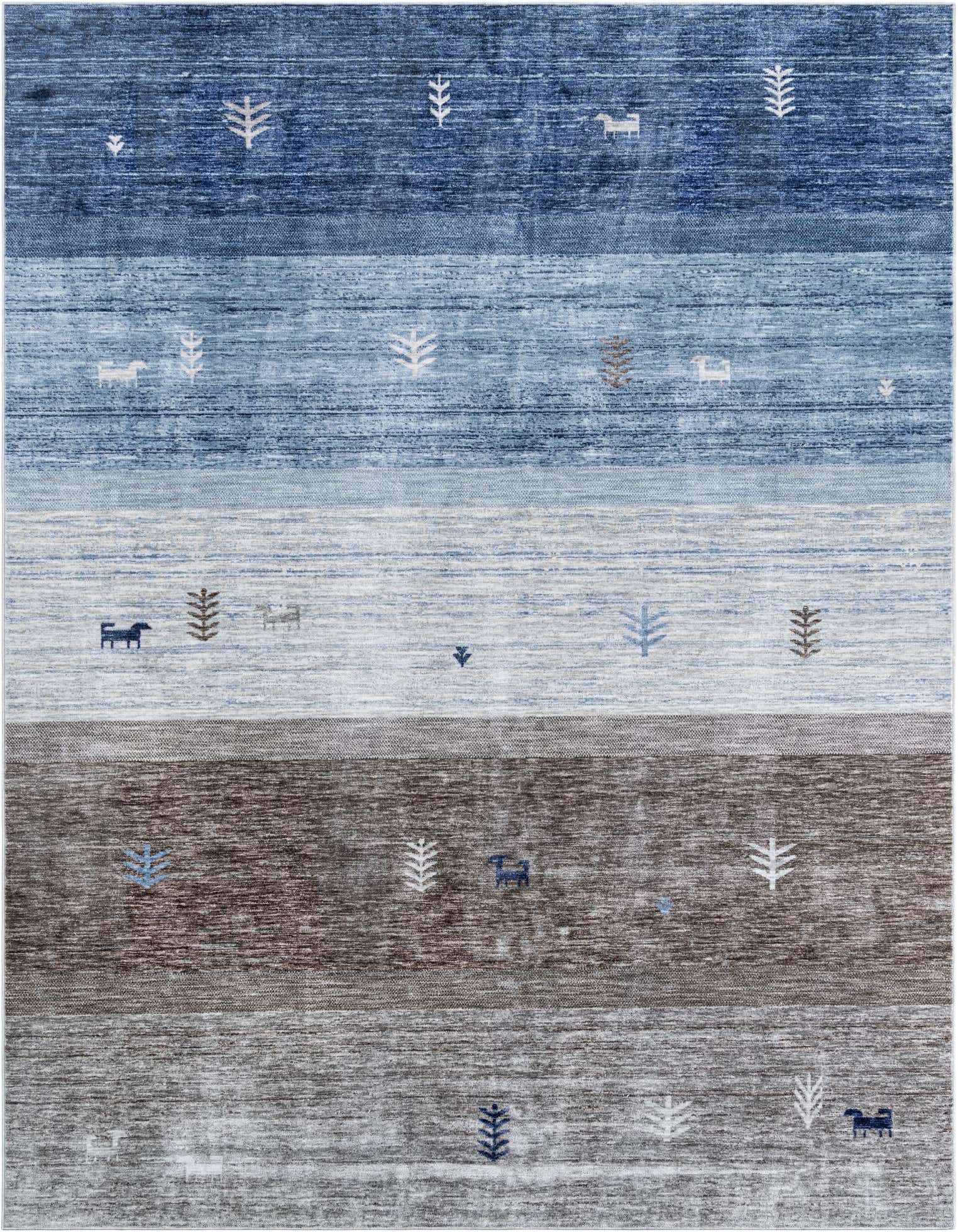 A 10x13 rectangular Gabbeh rug featuring horizontal stripes in varying shades of blue and gray, accented with small tribal motifs of trees and animals.