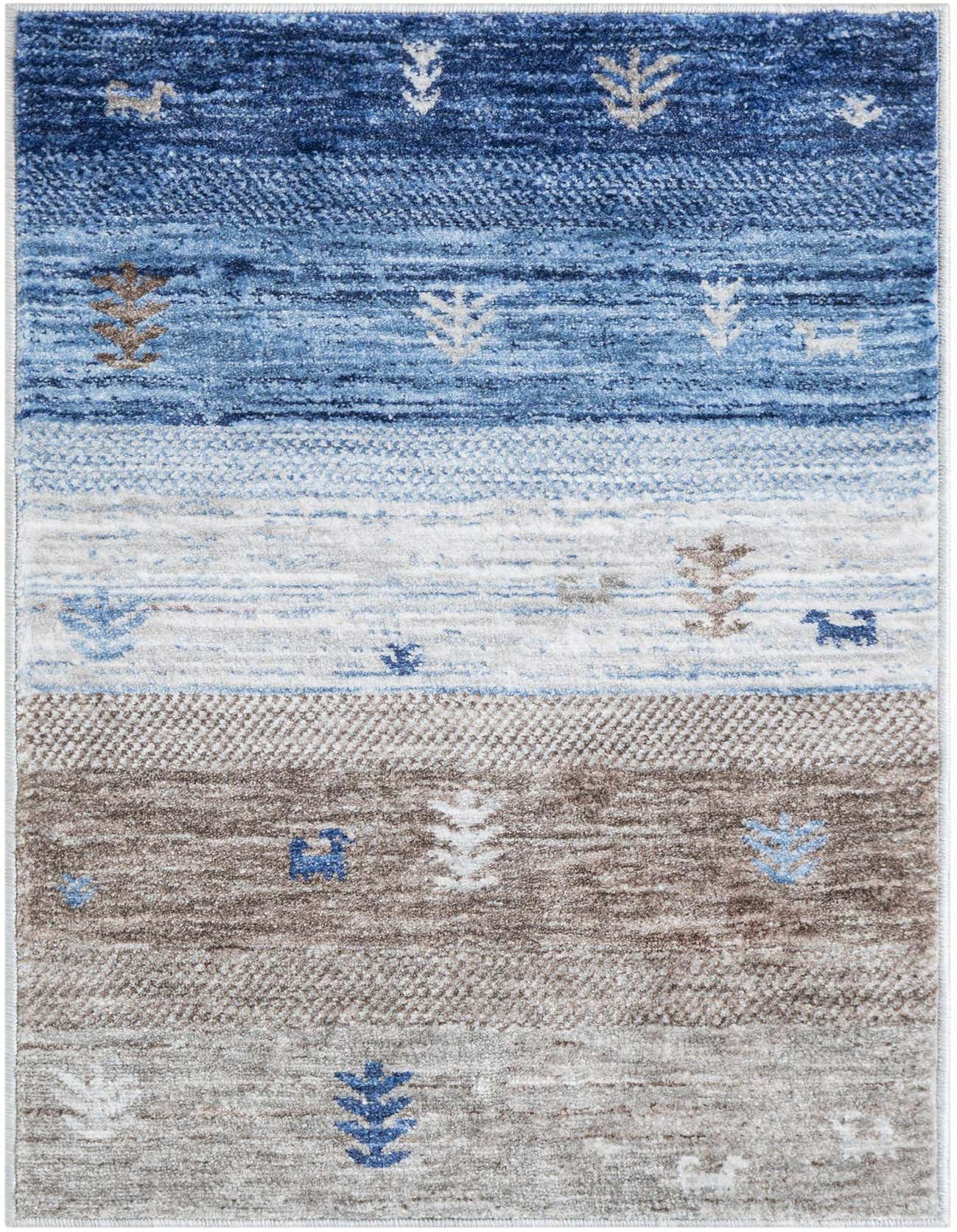 A 2x3 rectangular Gabbeh rug featuring horizontal stripes in varying shades of blue, gray, and silver, accented with small, scattered tribal motifs.