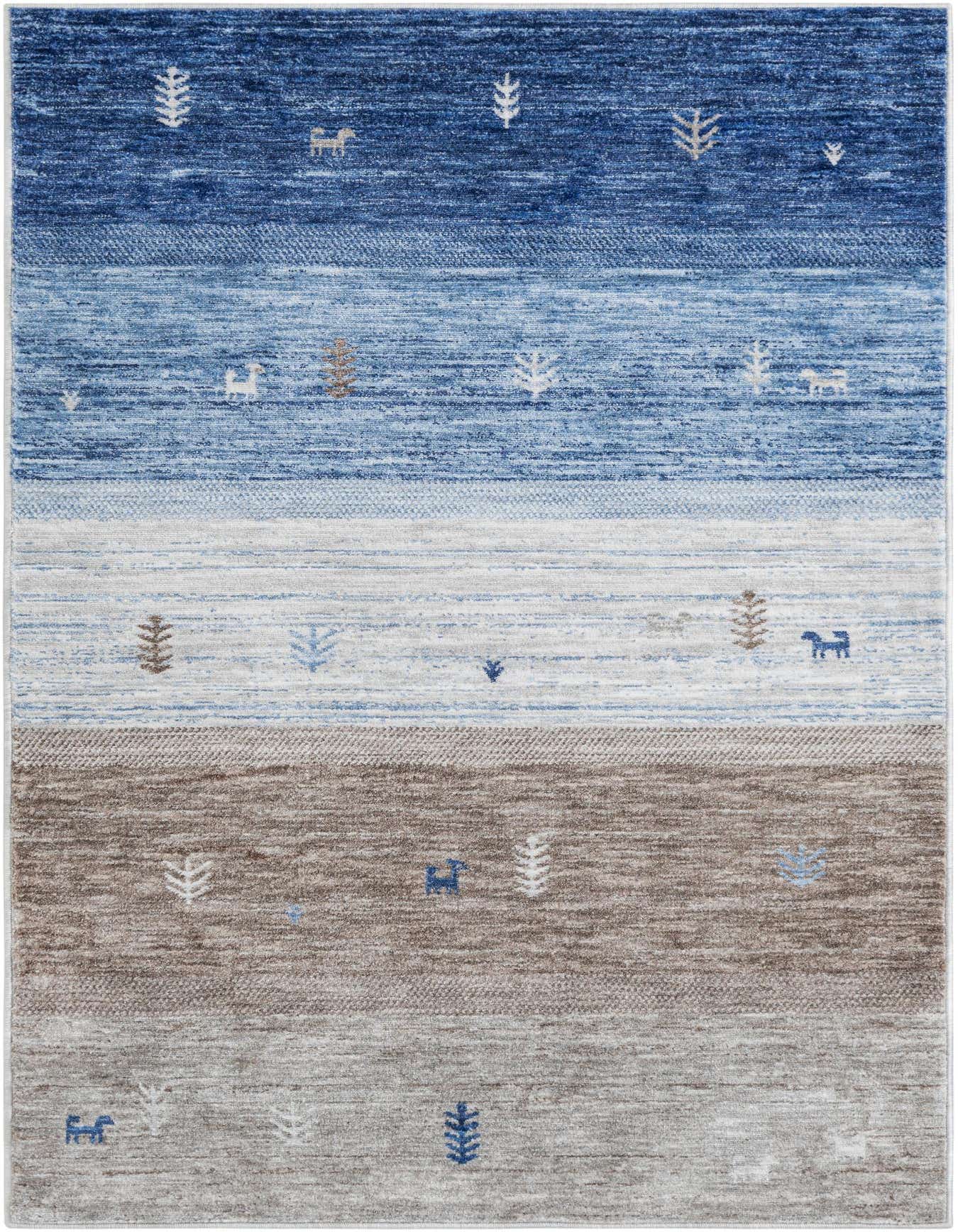 A 4x6 rectangular Gabbeh rug featuring horizontal stripes in varying shades of blue, gray, and silver, adorned with small tribal tree and animal motifs.