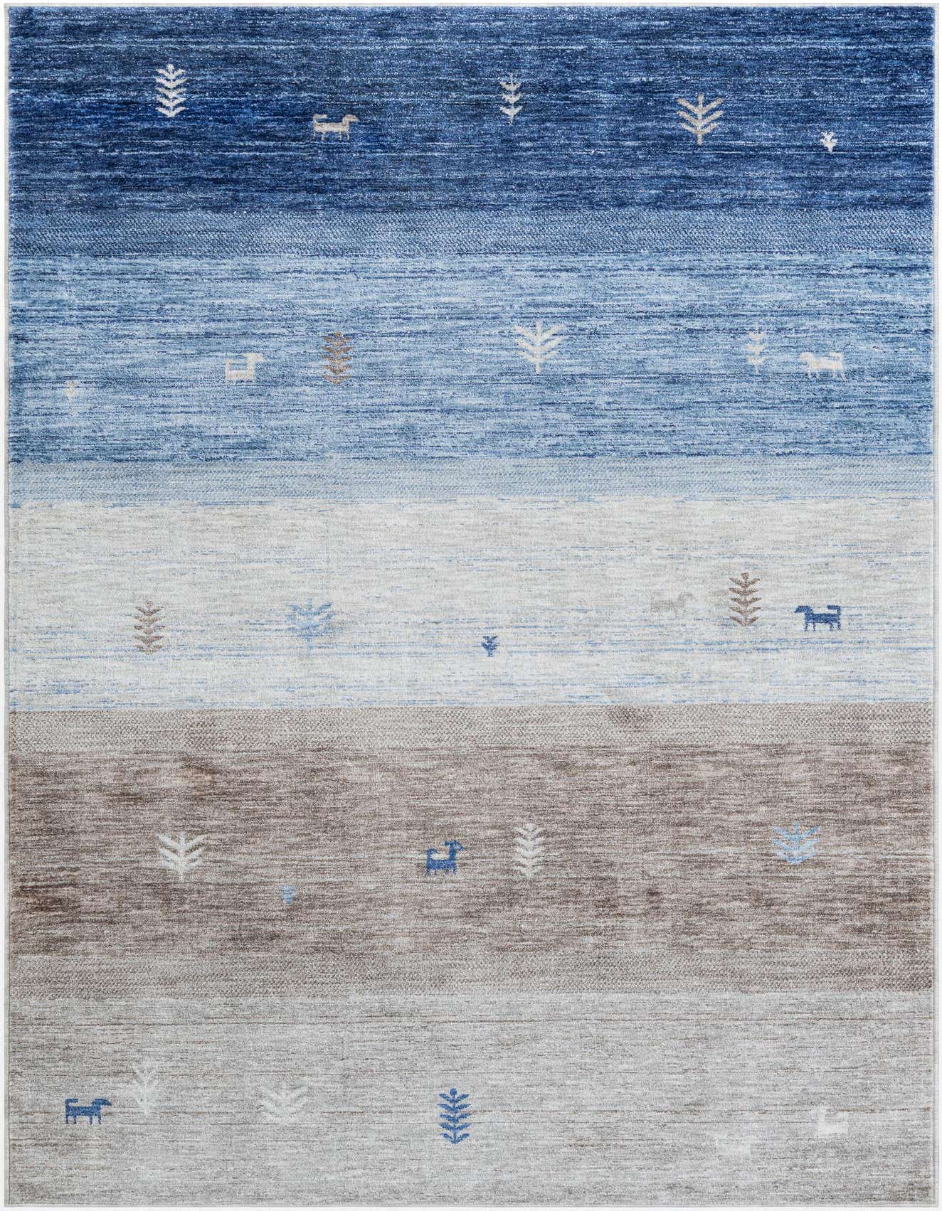 A 6x9 rectangular Gabbeh rug featuring horizontal stripes in varying shades of blue, gray, and silver, adorned with small tribal animal and tree motifs.