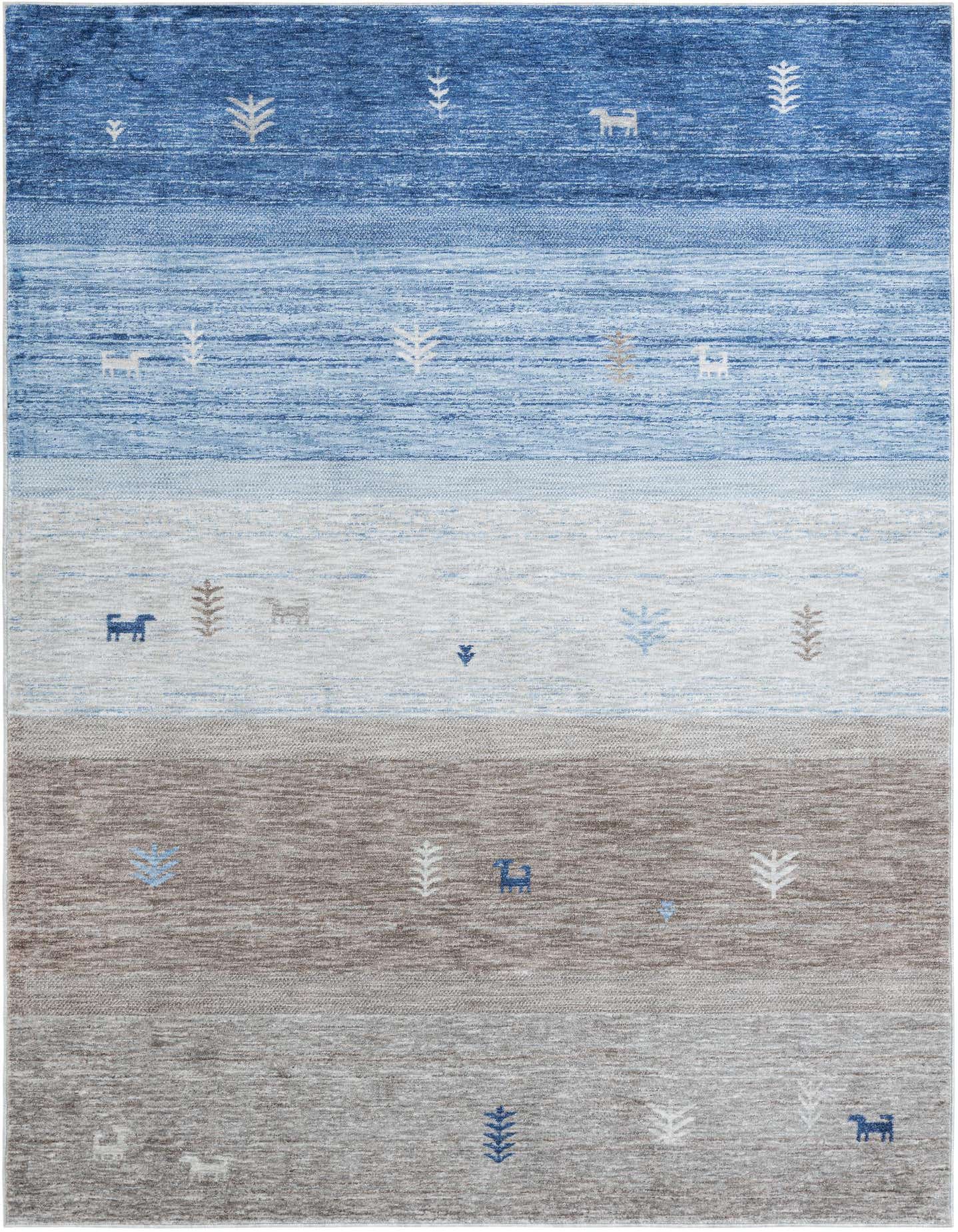 A 7x10 rectangular Gabbeh rug featuring horizontal stripes in shades of blue and gray, with scattered tribal animal and tree motifs.