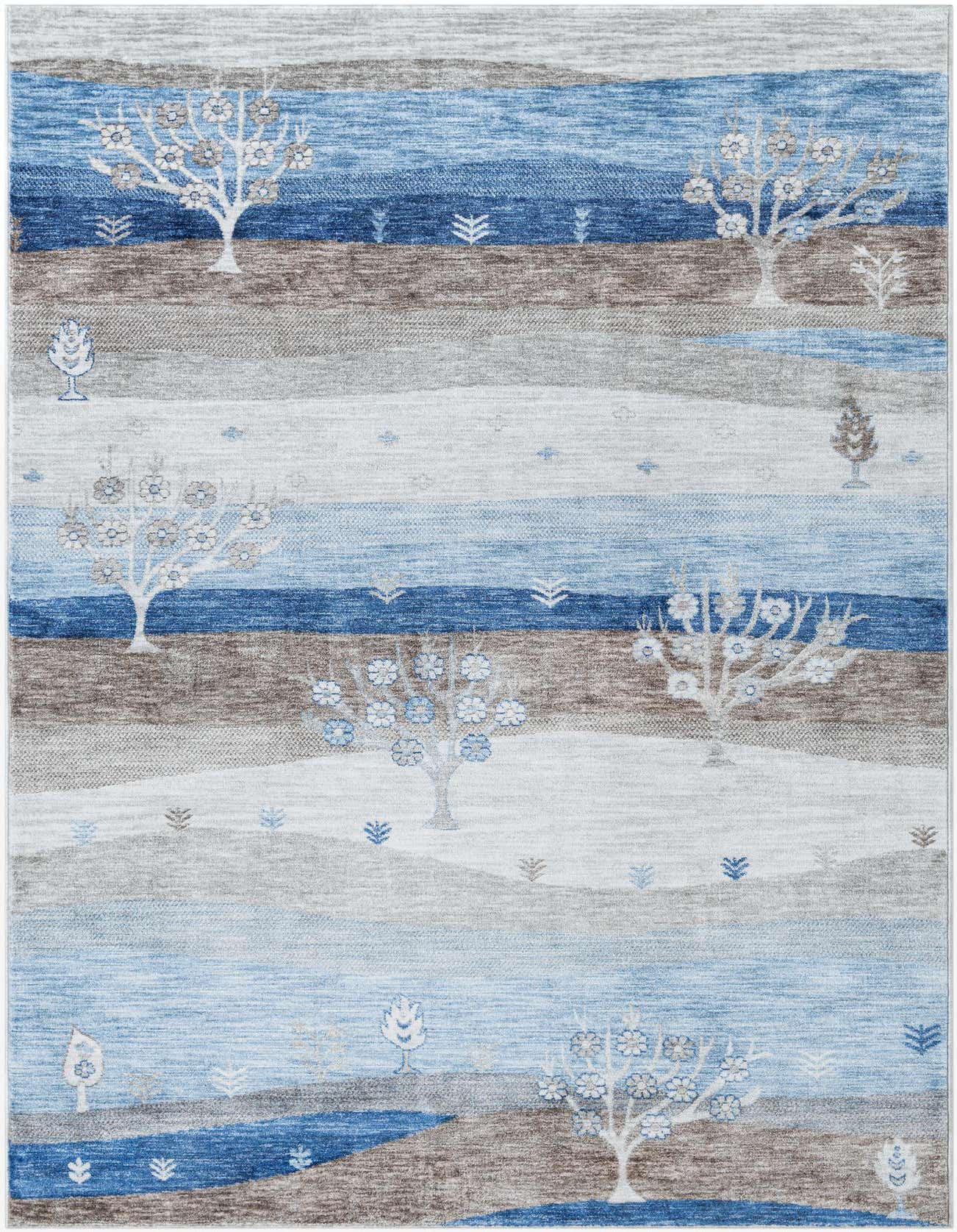 A 6x9 rectangular Gabbeh rug featuring a modern tribal pattern with trees and abstract shapes in shades of blue, gray, and brown.