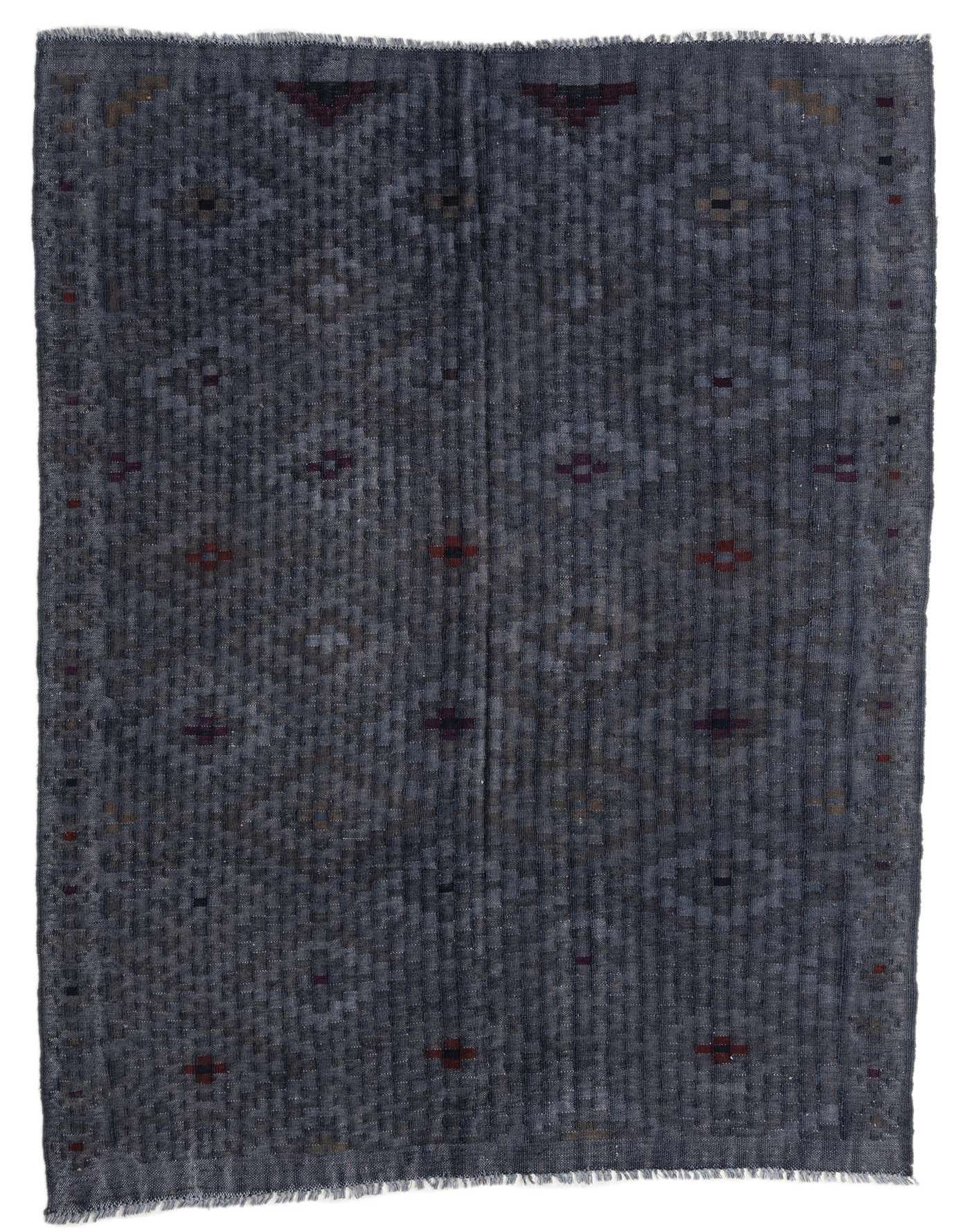 A 5x8 rectangular Kilim Fars area rug featuring a traditional tribal pattern in shades of blue and gray with subtle red accents.