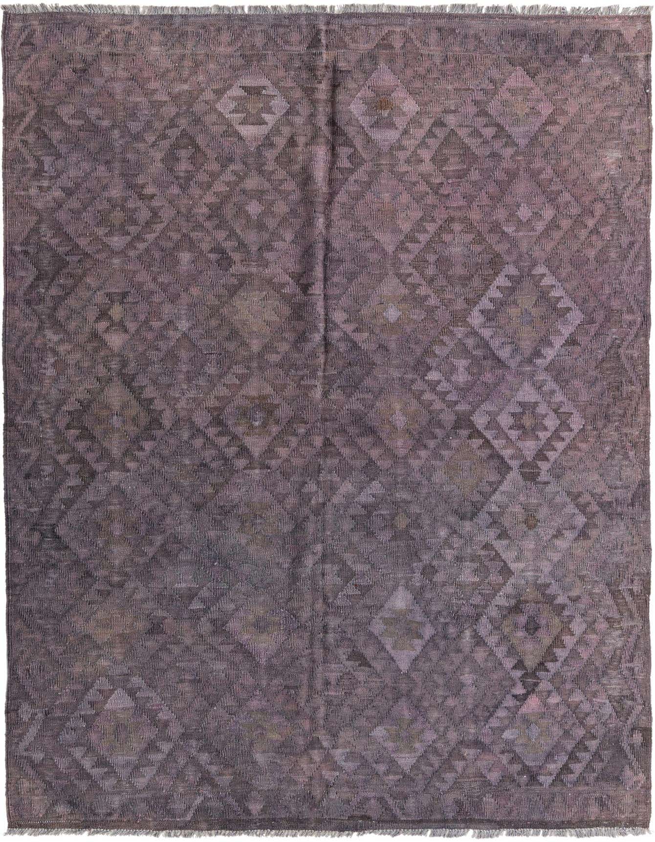 A 5x8 rectangular Kilim Fars rug with a tribal geometric pattern in muted blues and grays, featuring a flatweave texture.