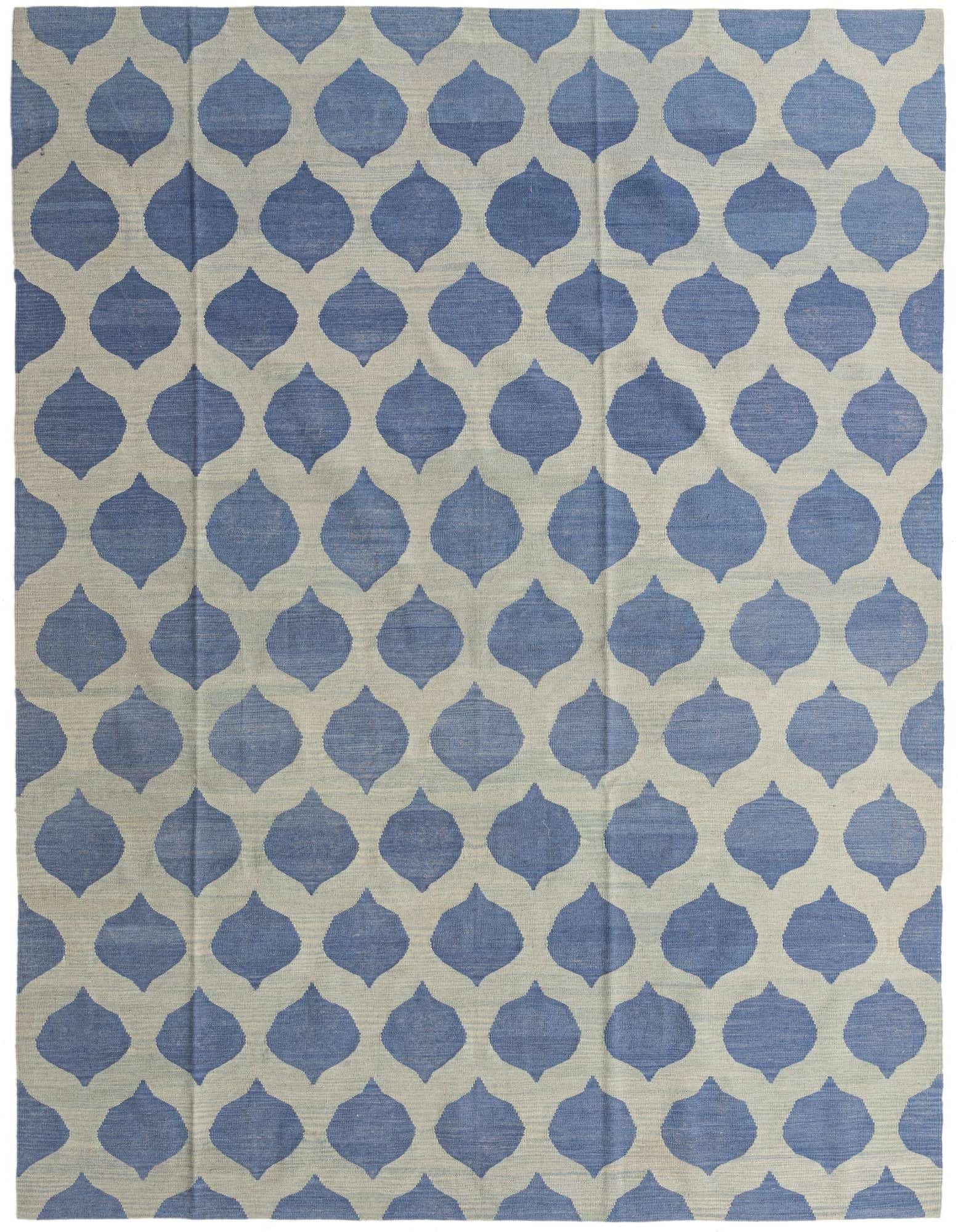 A large 8x10 rectangular flatweave rug featuring a repeating blue tribal pattern on a light gray background.