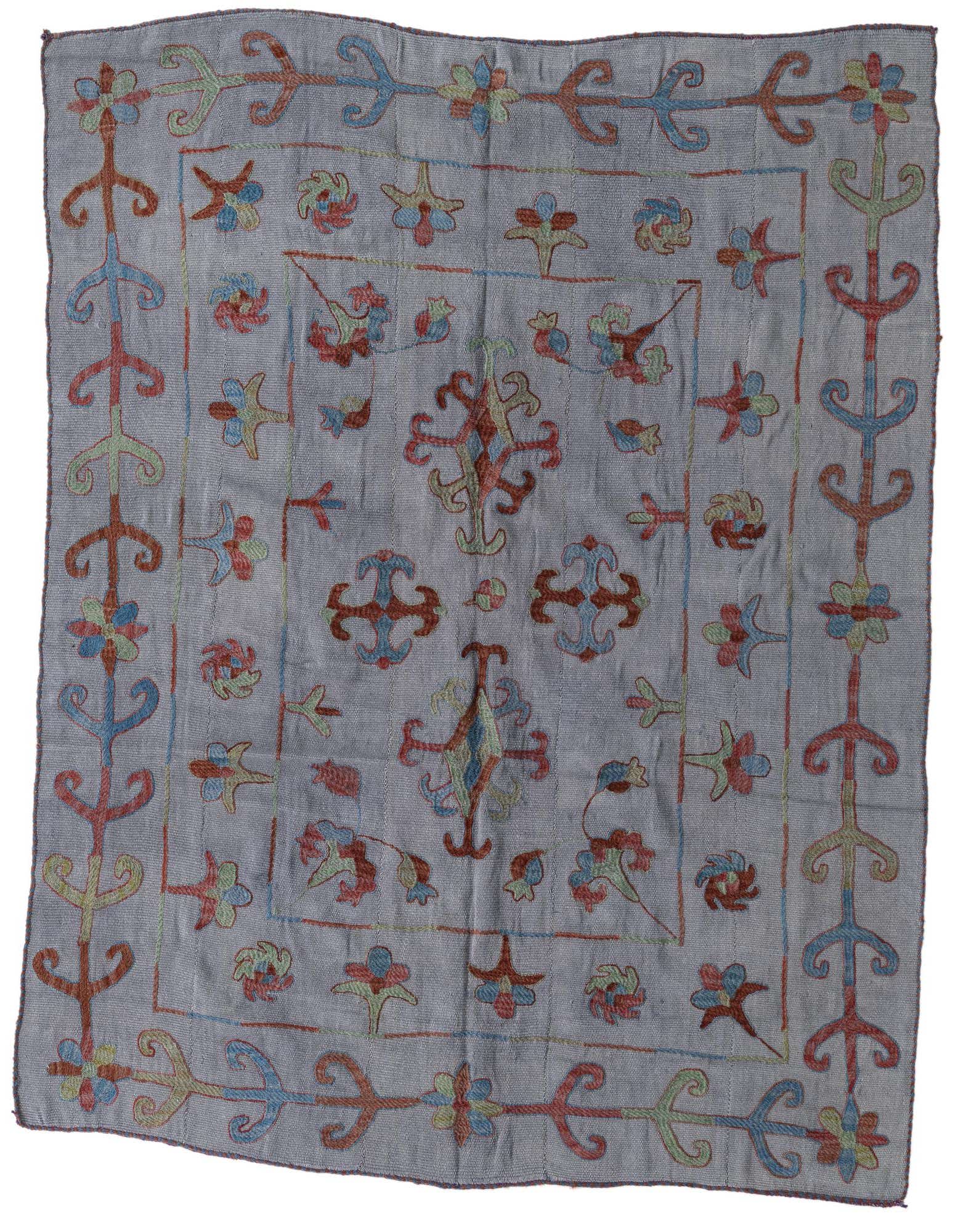 A 5x8 rectangular Kilim Suzani rug featuring a tribal oriental pattern in blues, grays, red, and green.