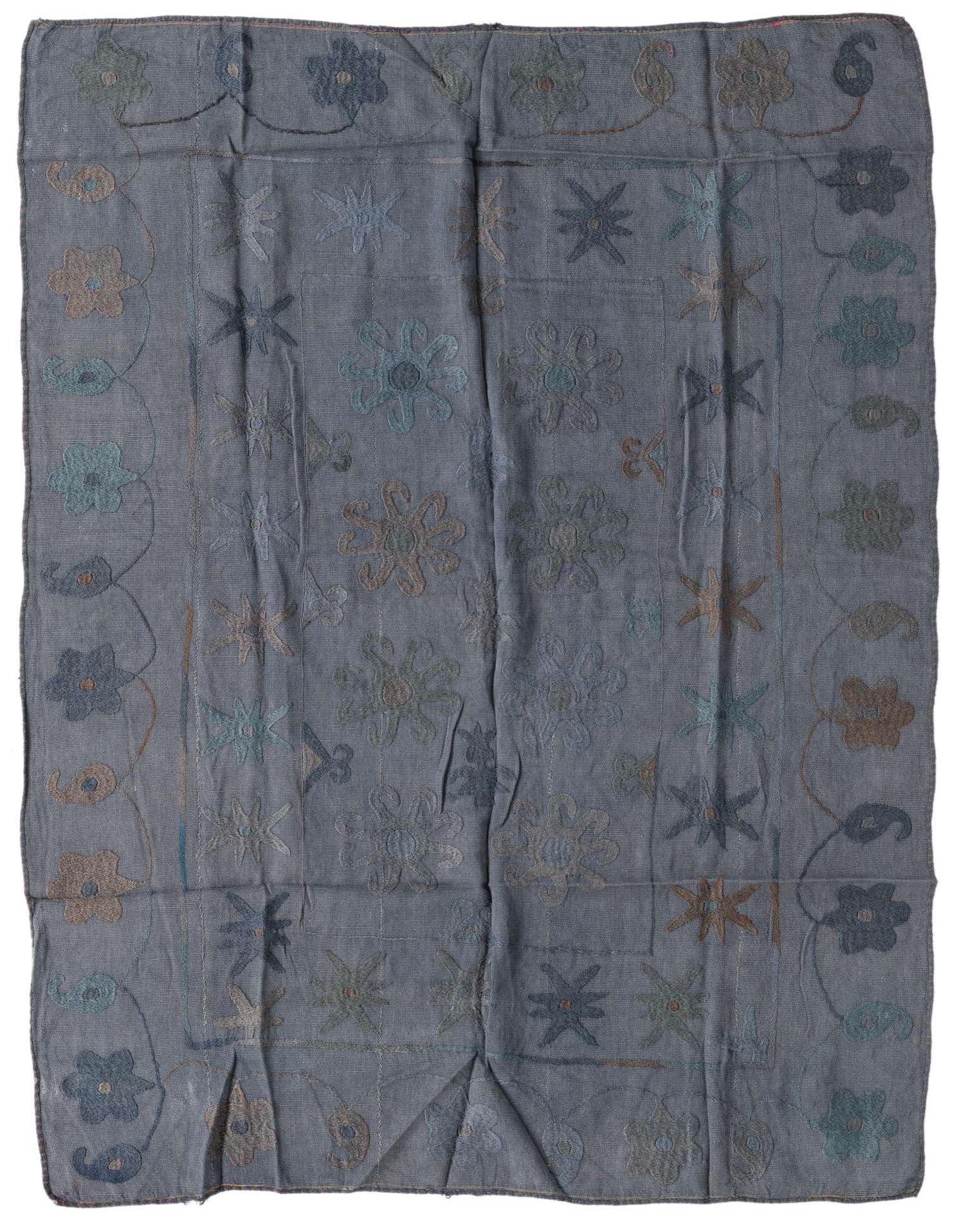 A 4x6 rectangular blue Kilim Suzani wool rug with a flatweave, featuring colorful tribal floral patterns in blues, grays, and browns.