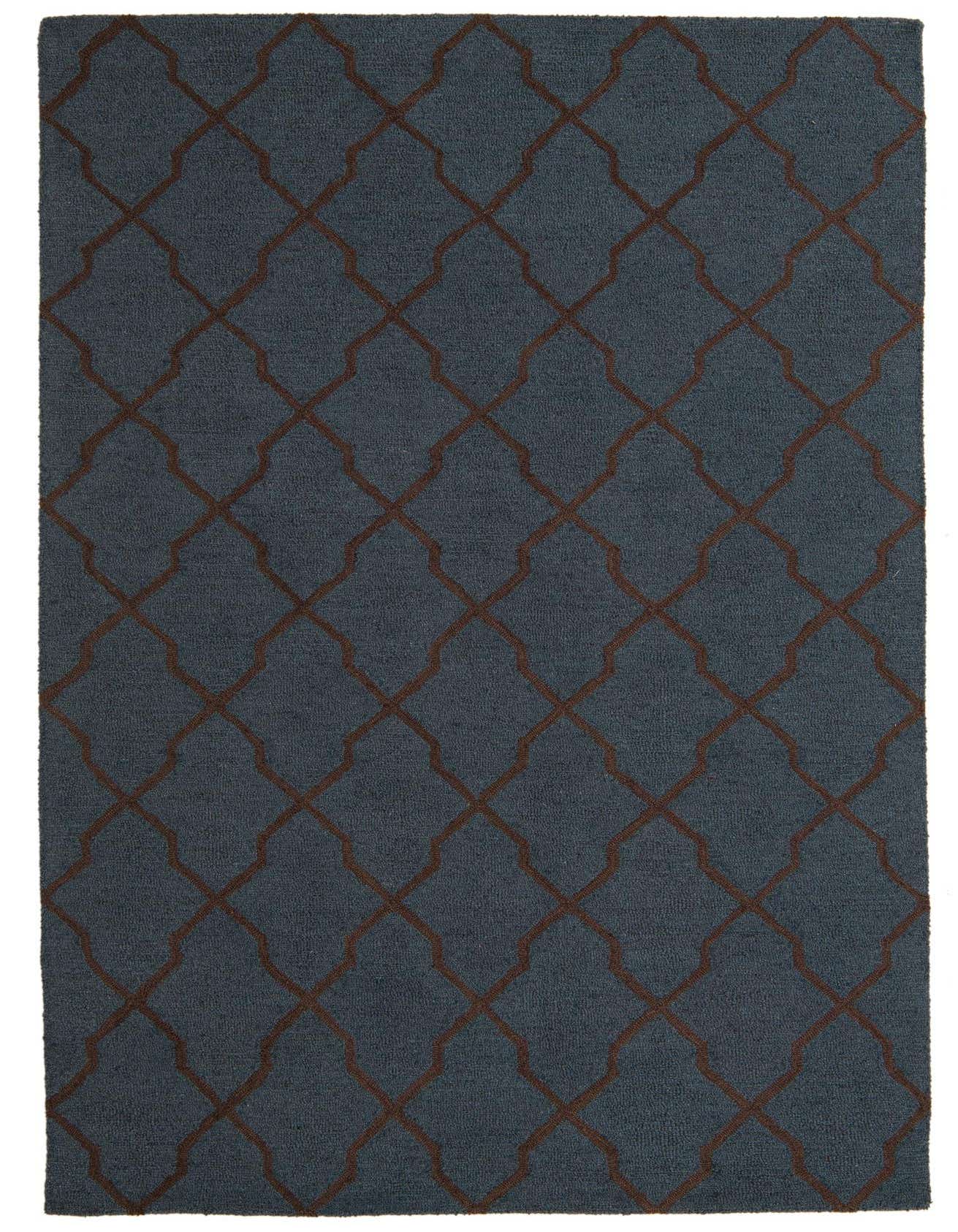 A 5x8 rectangular blue area rug with a brown modern abstract geometric pattern, suitable for a living room.