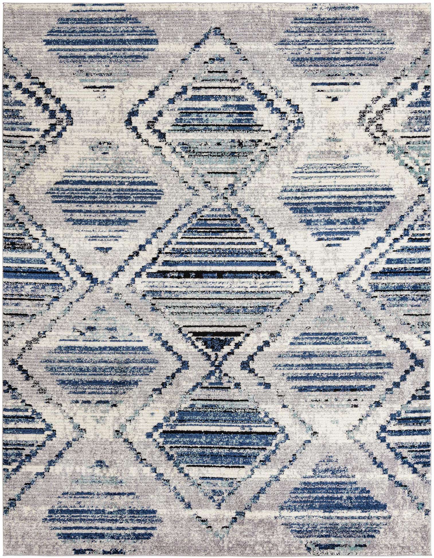 A 10x13 rectangular Tagine rug featuring a modern Southwestern trellis pattern in varying shades of blue, gray, and silver.