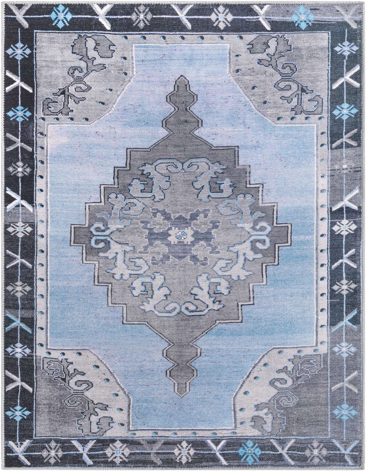 A 3x5 rectangular blue and gray vintage medallion rug with an oriental pattern and dark border.