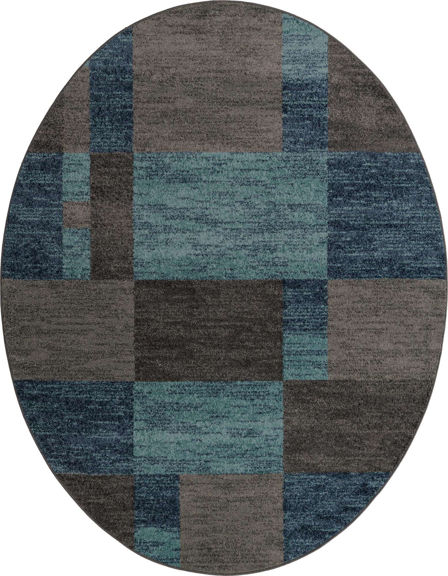 A round 7' 10" x 7' 10" Equinox rug featuring a modern geometric pattern in varying shades of blue, gray, and silver.