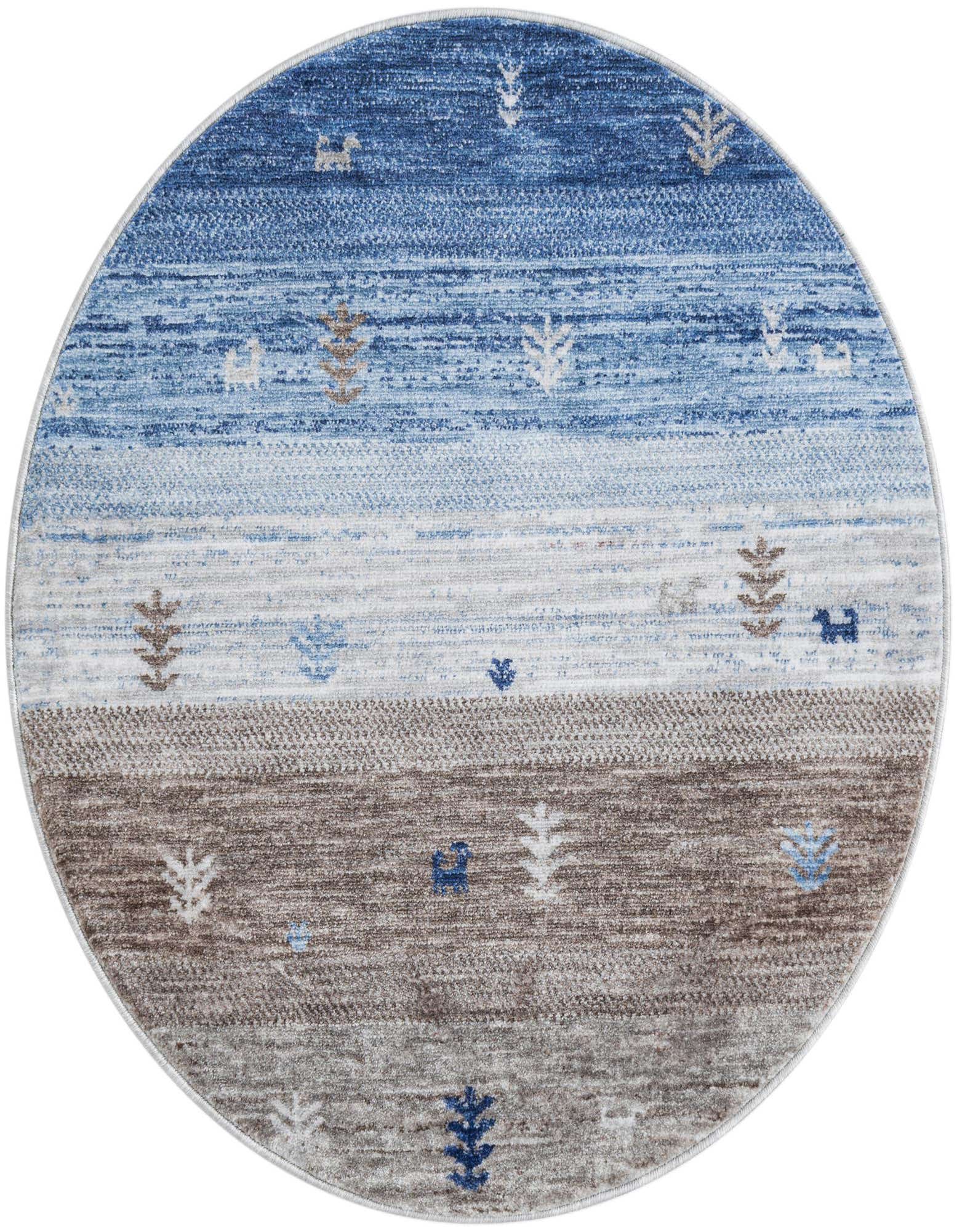 A 3' 3 x 3' 3 round Gabbeh rug featuring horizontal stripes in varying shades of blue, gray, and silver, with scattered tribal motifs.