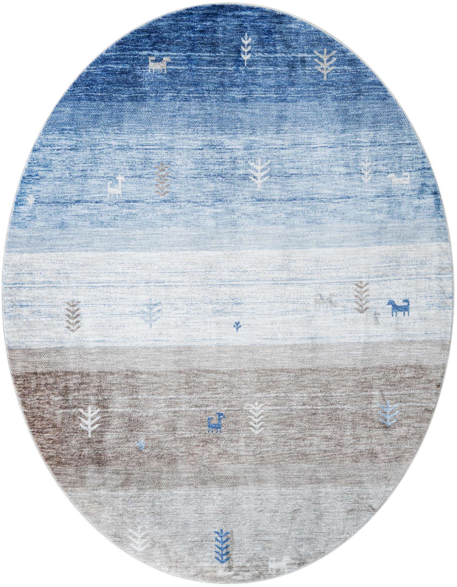A 7' 10 round blue and gray striped rug with tribal animal and tree motifs, suitable for an indoor living space.