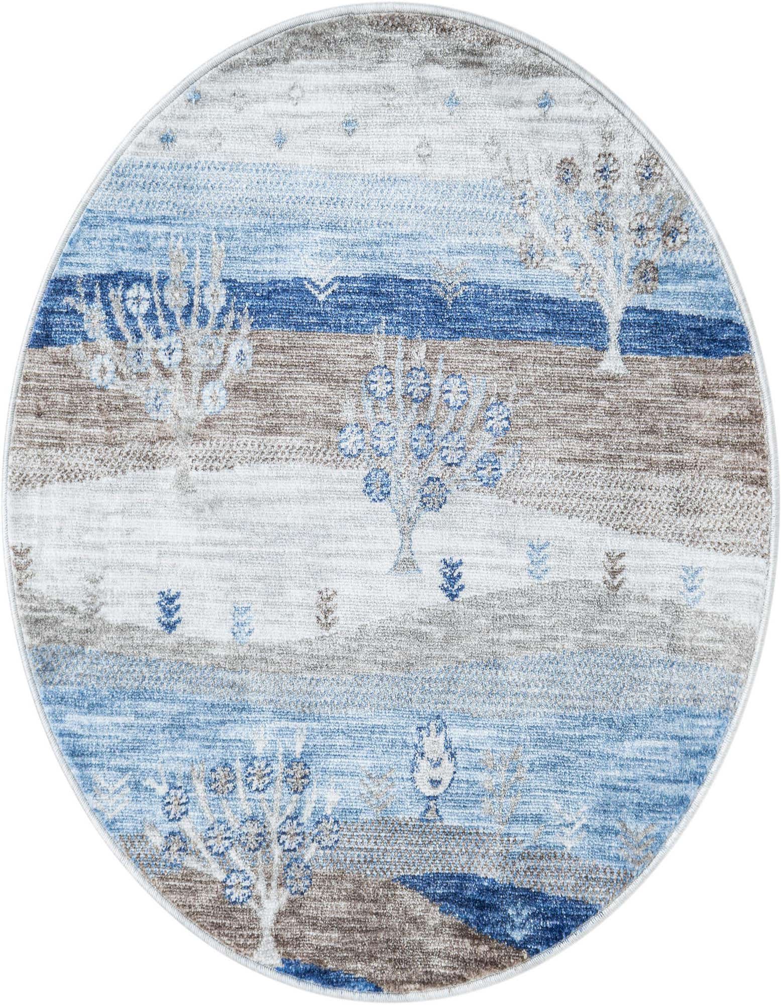 Round Gabbeh rug, 3' 3 x 3' 3, featuring a modern tribal design with blue and gray horizontal stripes and stylized trees.