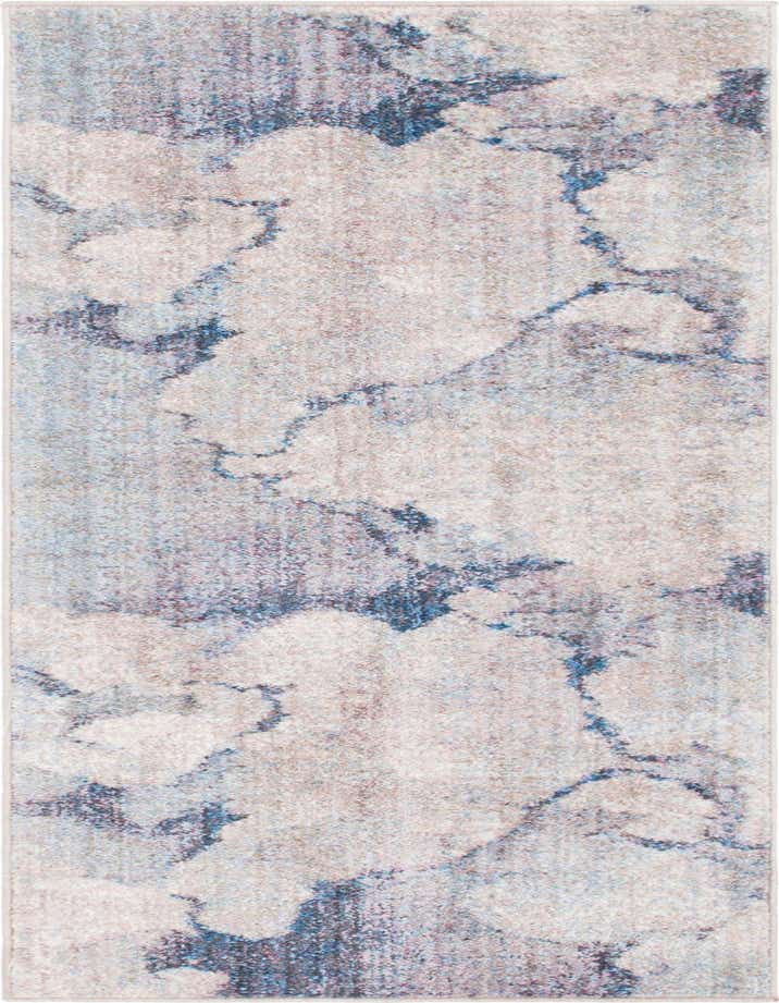 A 6 ft runner rug from the Andromeda collection featuring an abstract pattern in various shades of blue and gray, ideal for a hallway.