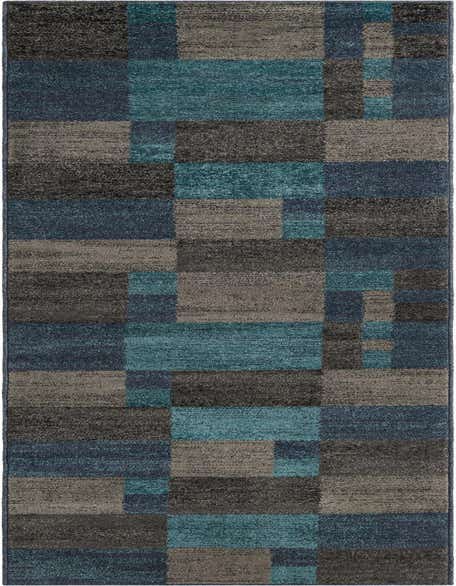 A 12 ft runner rug with a modern geometric pattern in varying shades of blue, gray, and teal, ideal for a hallway.