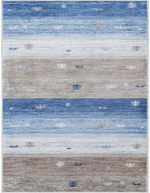 A 10 ft runner rug featuring horizontal stripes in varying shades of blue and gray, accented with small tribal motifs.