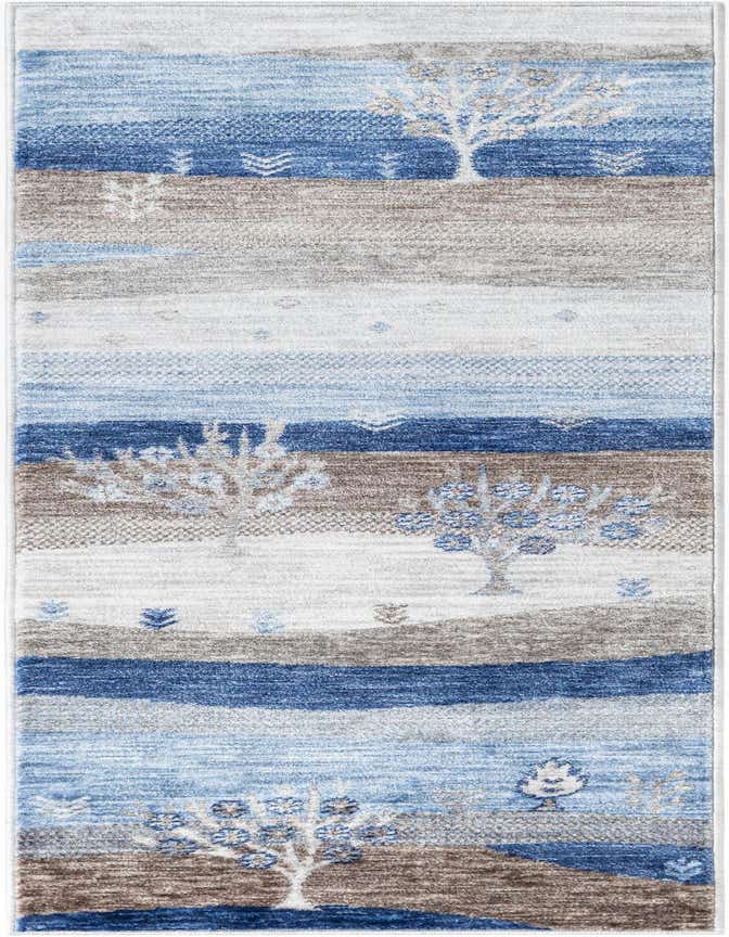 A 6 ft runner rug featuring a modern tribal pattern with blue, gray, and silver horizontal stripes and stylized trees.