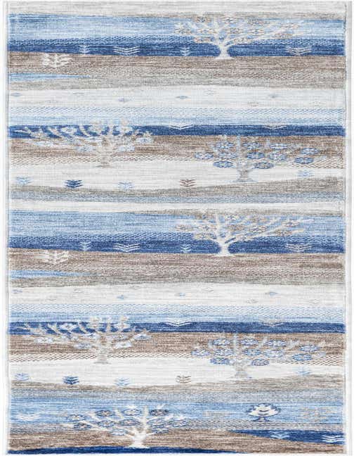 An 8 ft runner rug featuring a modern tribal pattern with blue and gray horizontal stripes and stylized trees.