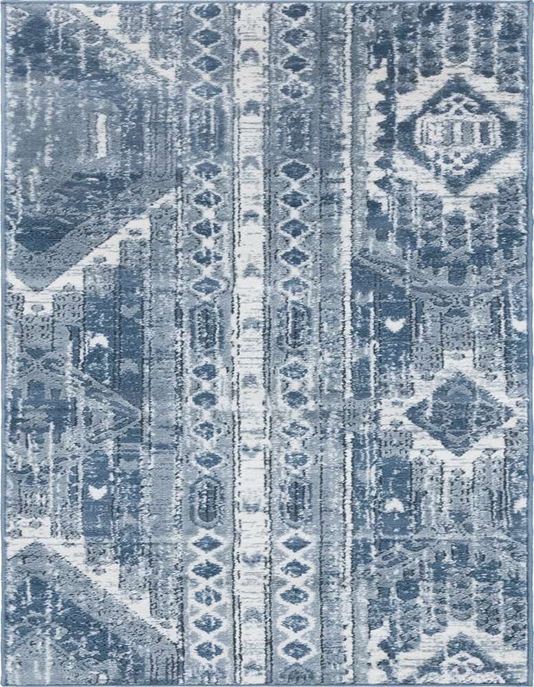 A 6 ft runner rug with a distressed Bohemian and Southwestern pattern in shades of blue, gray, and white.