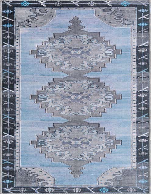 A 10 ft runner rug in blues and grays featuring a vintage oriental medallion pattern with intricate borders, ideal for a hallway.