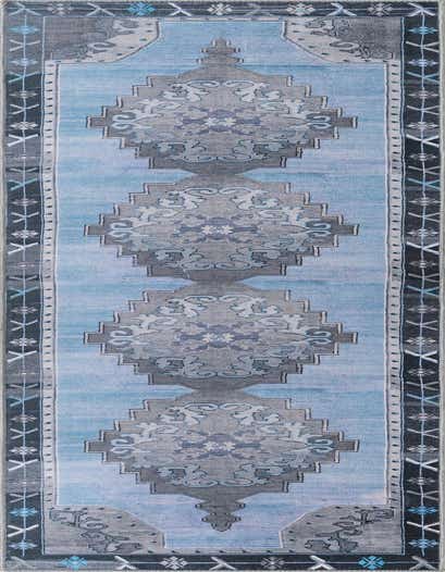 A 12 ft runner rug in blues and grays with a vintage Oriental medallion pattern, ideal for a hallway.