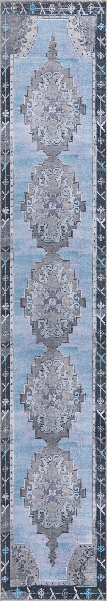 A 14 ft runner rug in shades of blue and gray, featuring a vintage oriental medallion pattern, ideal for a hallway.