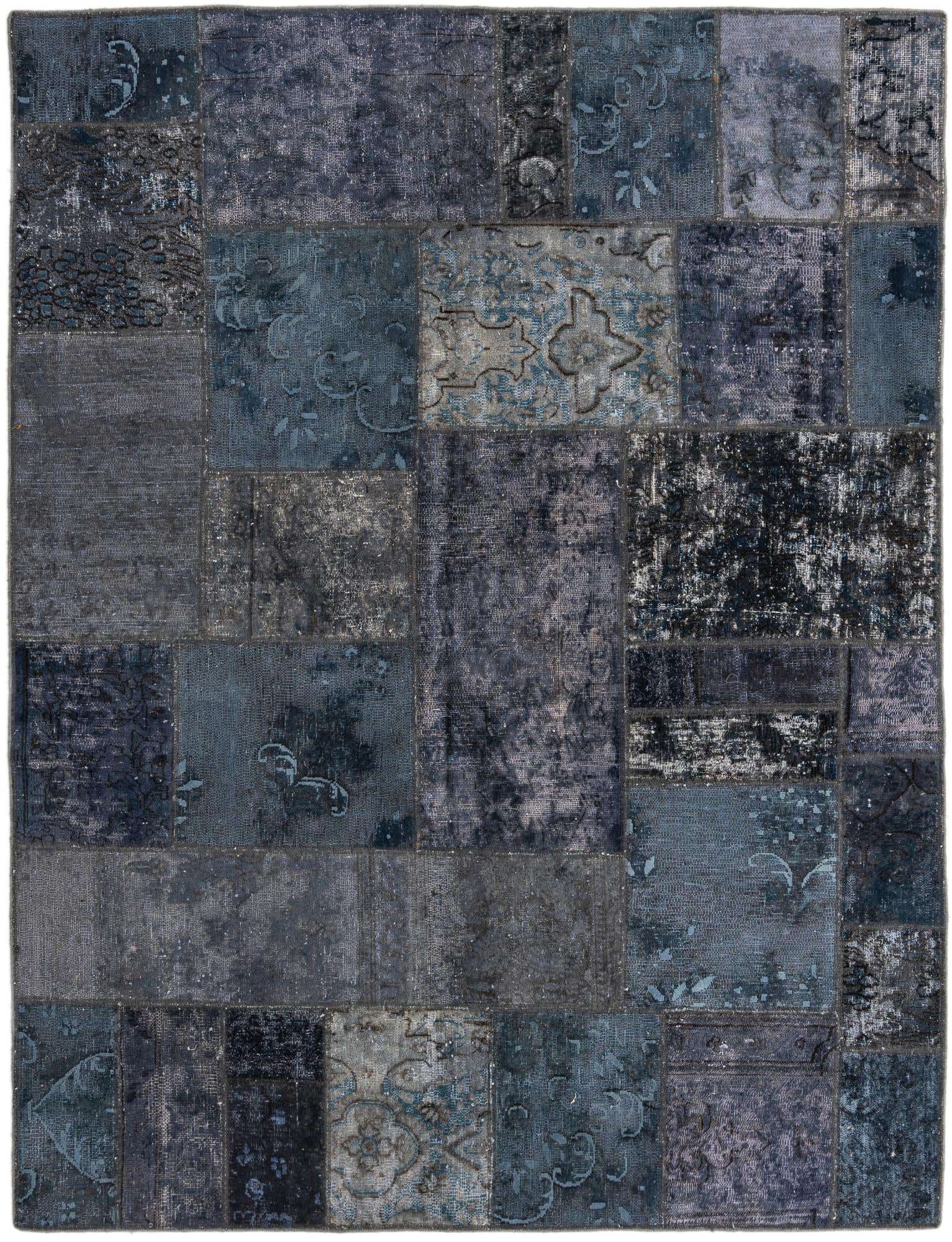 A 5' 0 x 6' 7 square Ultra Vintage rug featuring a patchwork of blue and gray distressed Persian and abstract patterns.
