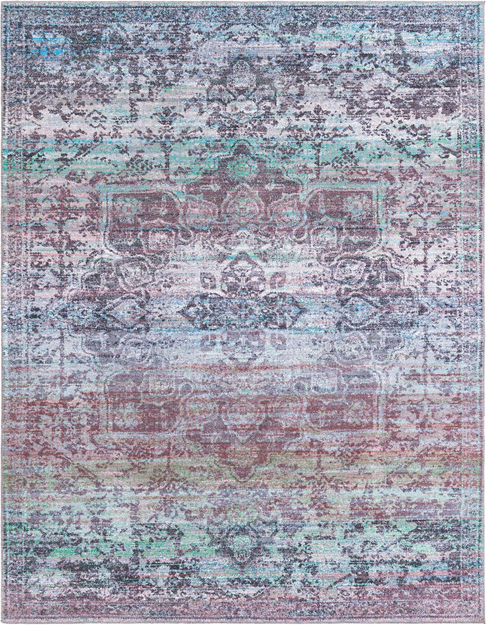 A rectangular 8x10 Francesca collection rug by Rugs.com, featuring a distressed traditional medallion pattern in blues and greens.
