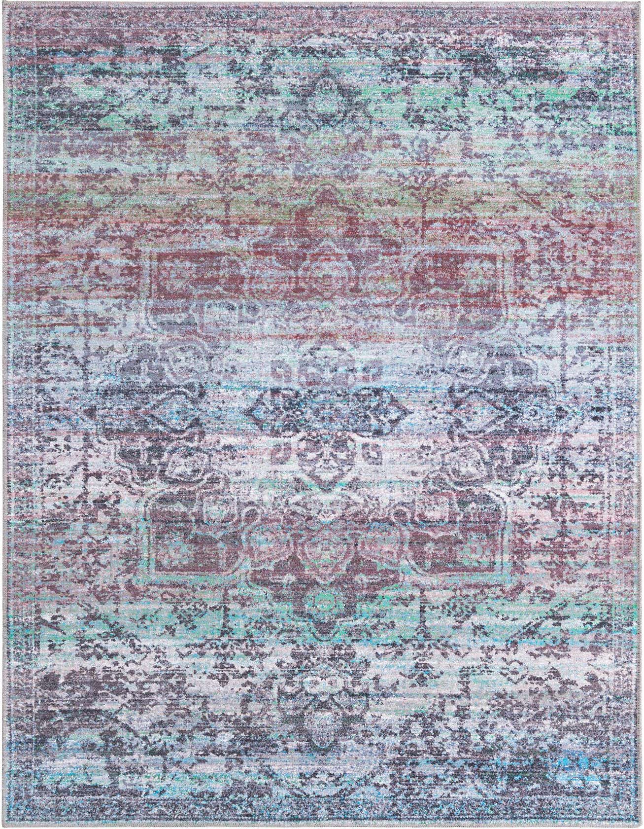 A 5x8 rectangular Francesca rug featuring a distressed traditional medallion pattern in shades of blue, green, and hints of red.