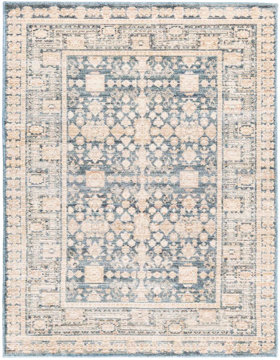 A 3x5 rectangular Noble collection rug featuring a distressed blue and cream geometric pattern with a subtle border.
