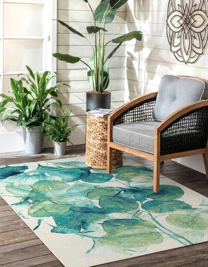 Blue Green 9' x 12' Botanical Indoor / Outdoor Rug | Rugs.com