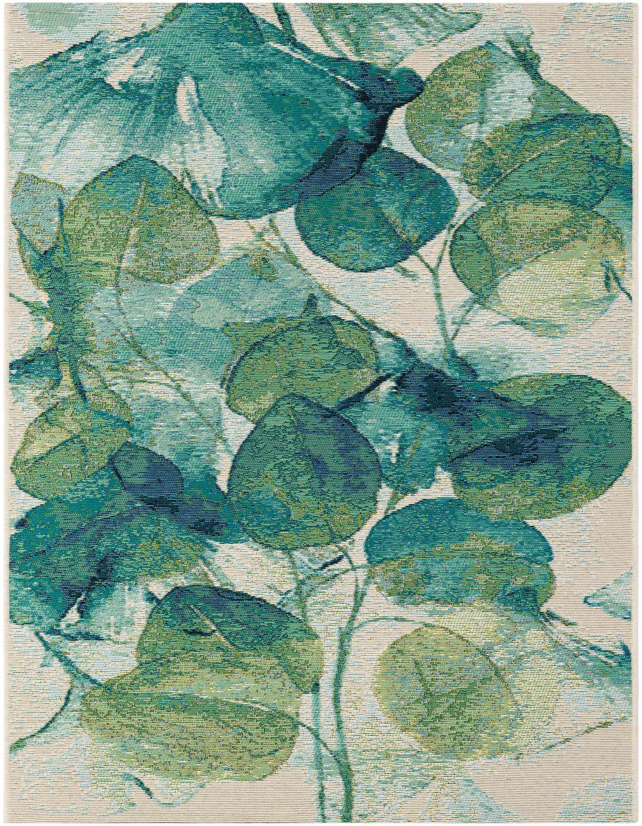 A 3x5 rectangular rug featuring an abstract botanical pattern with large blue and green leaves on a light background, suitable for indoor/outdoor use.