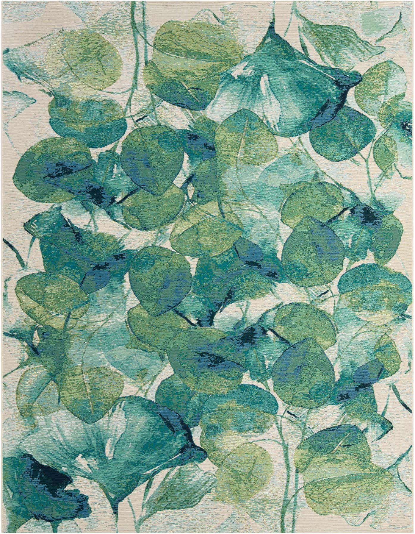 A 7x10 rectangular indoor/outdoor rug featuring a modern floral pattern of blue and green eucalyptus leaves on a light background.